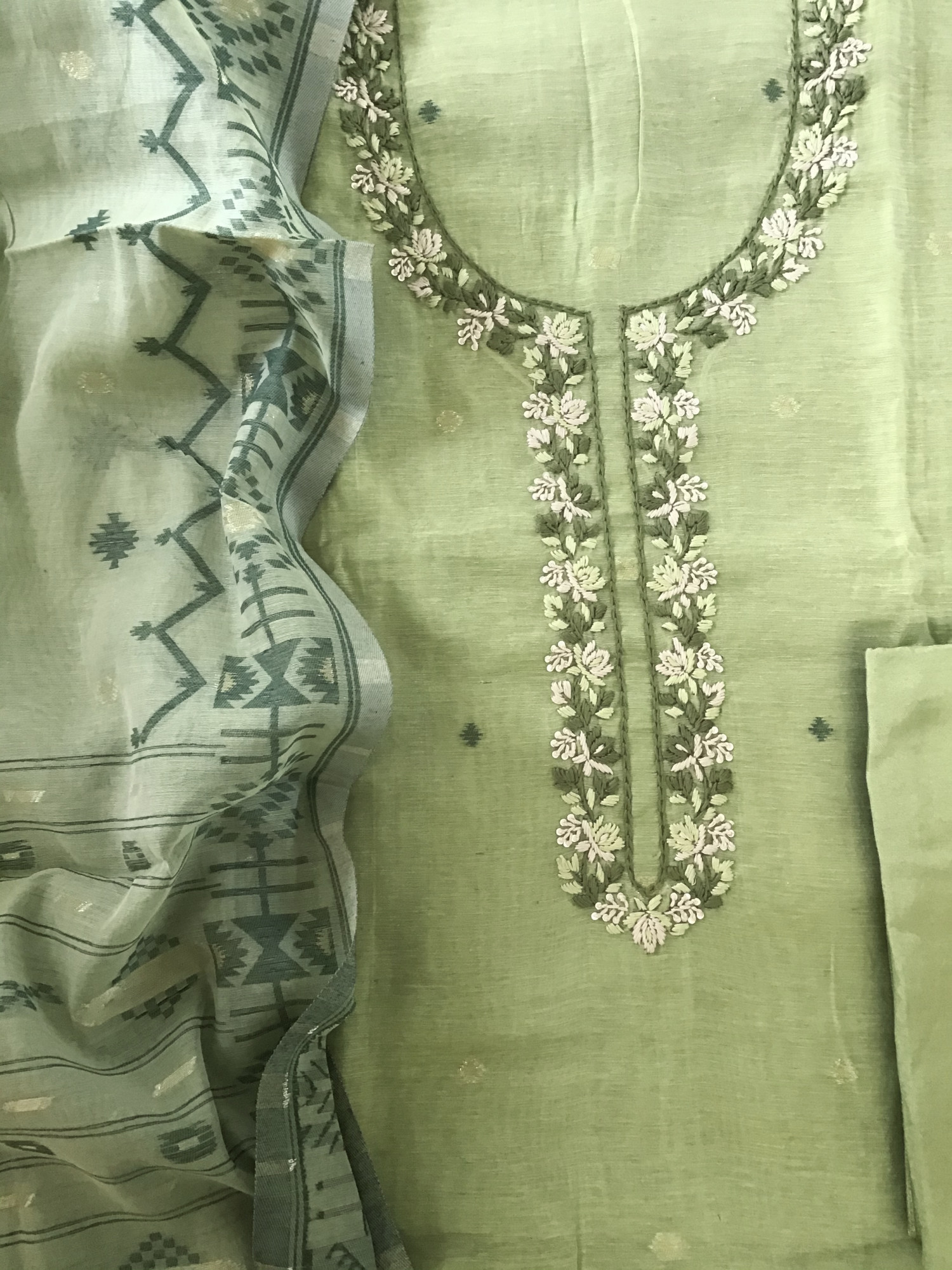 Soft Slub Chanderi Jamdani Weaved Embroidered Suit - Green