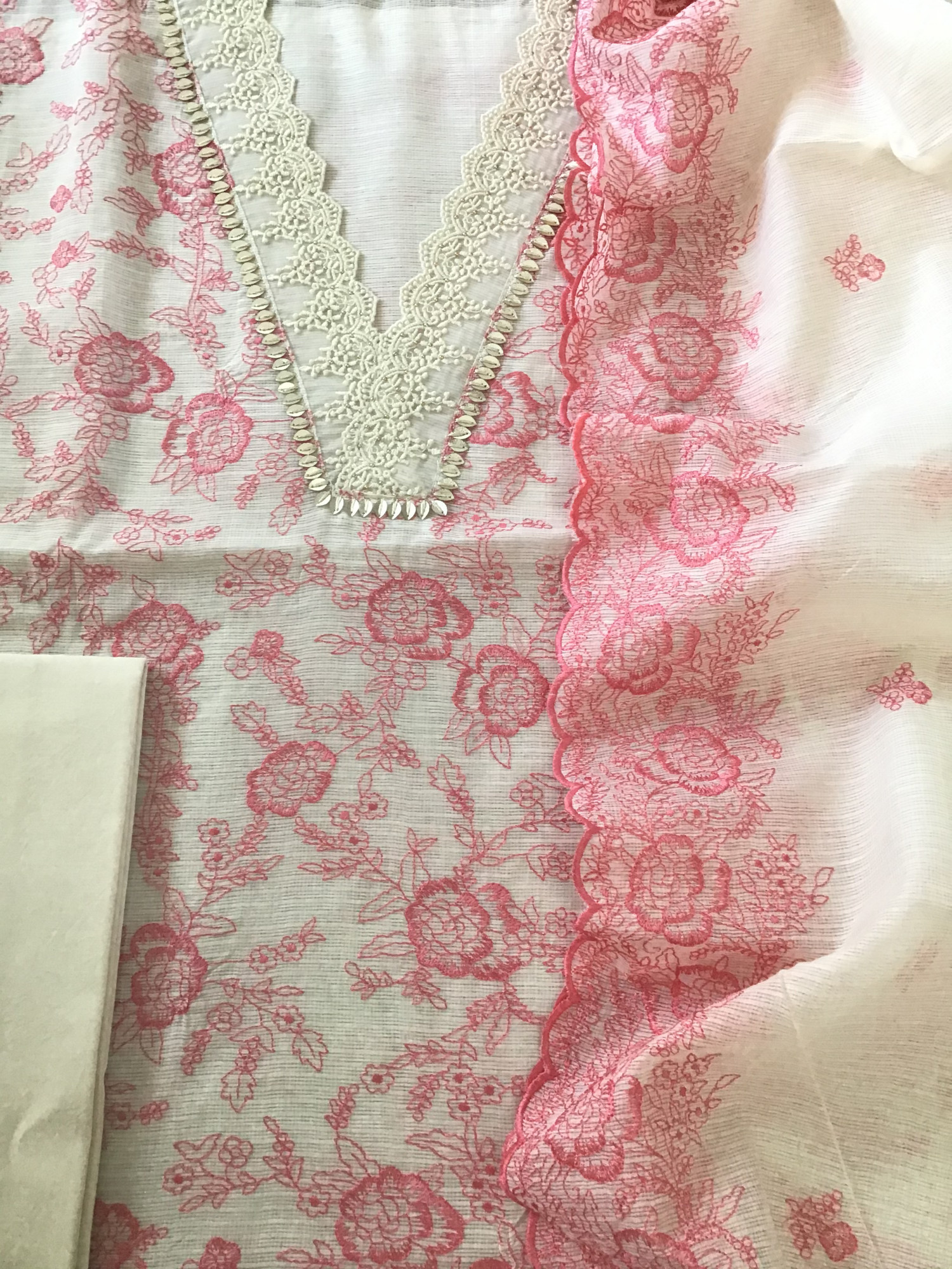 Soft Kota Silk Embroidered Suit - WhitePink