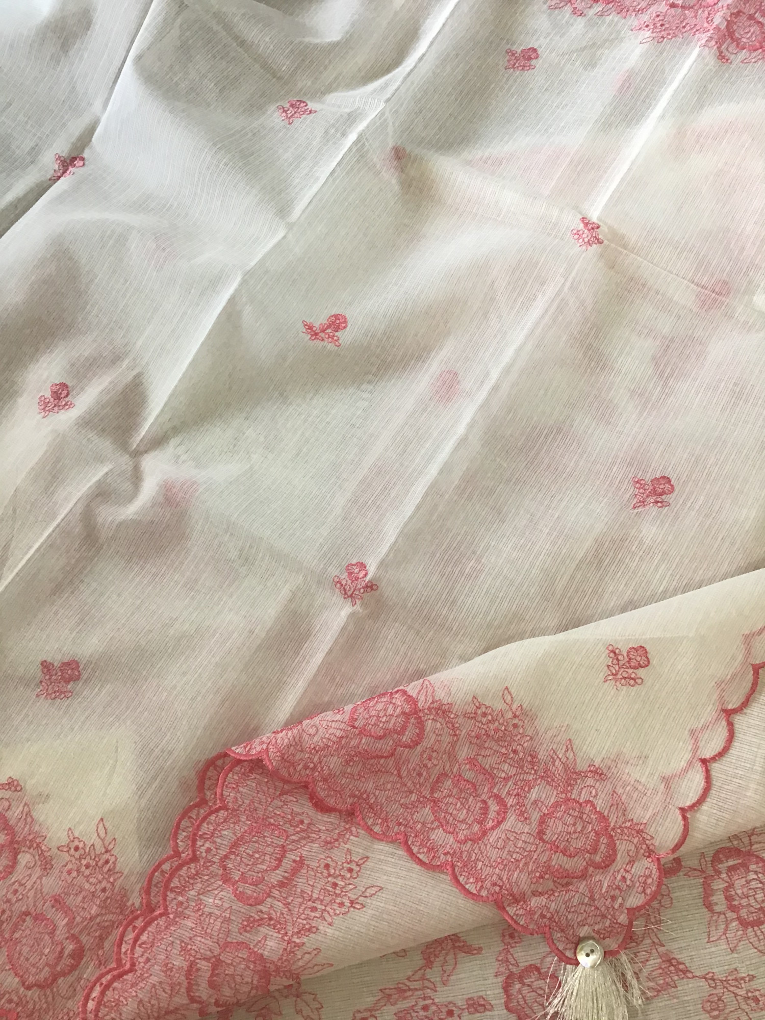 Soft Kota Silk Embroidered Suit - WhitePink