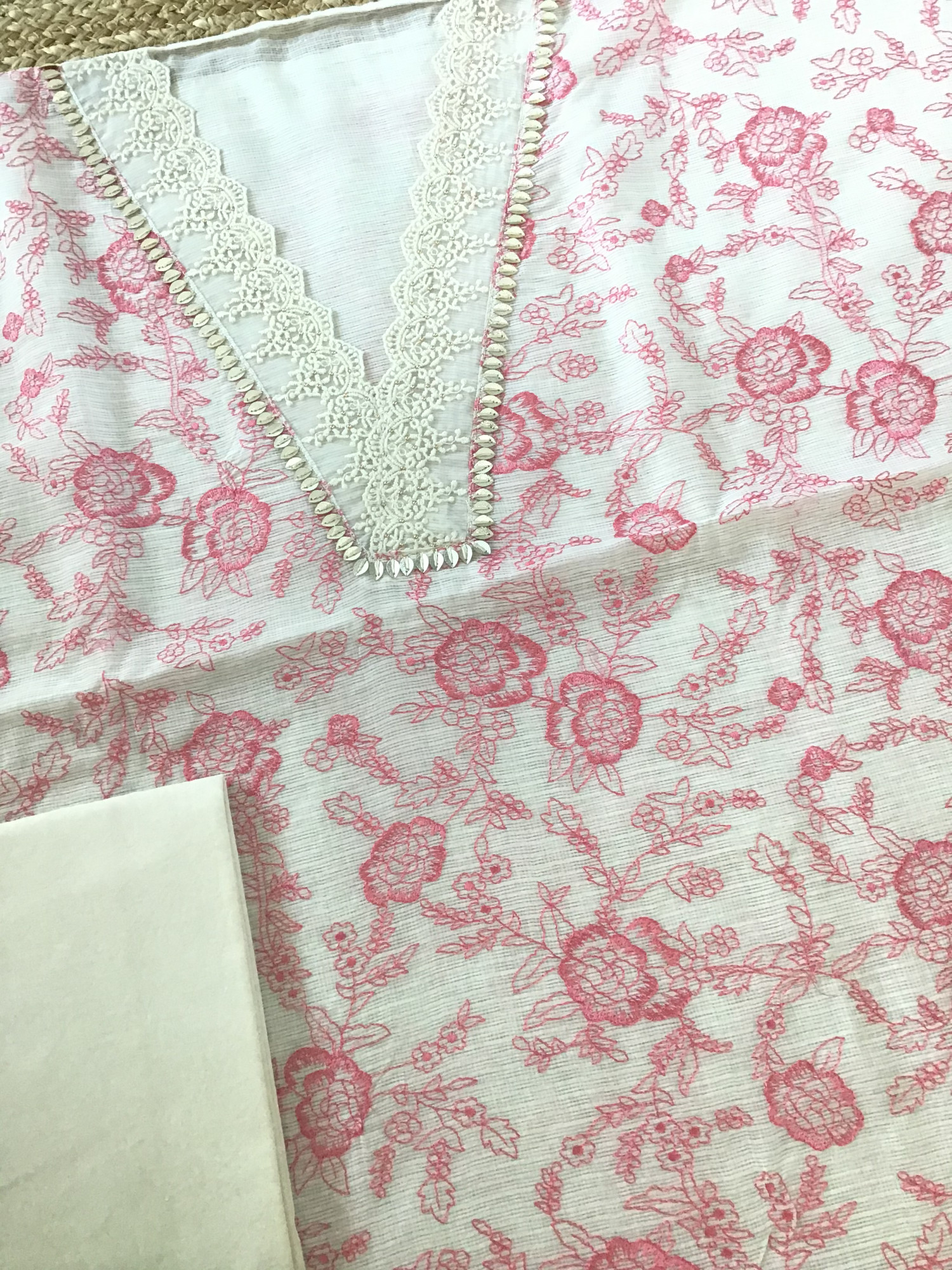 Soft Kota Silk Embroidered Suit - WhitePink