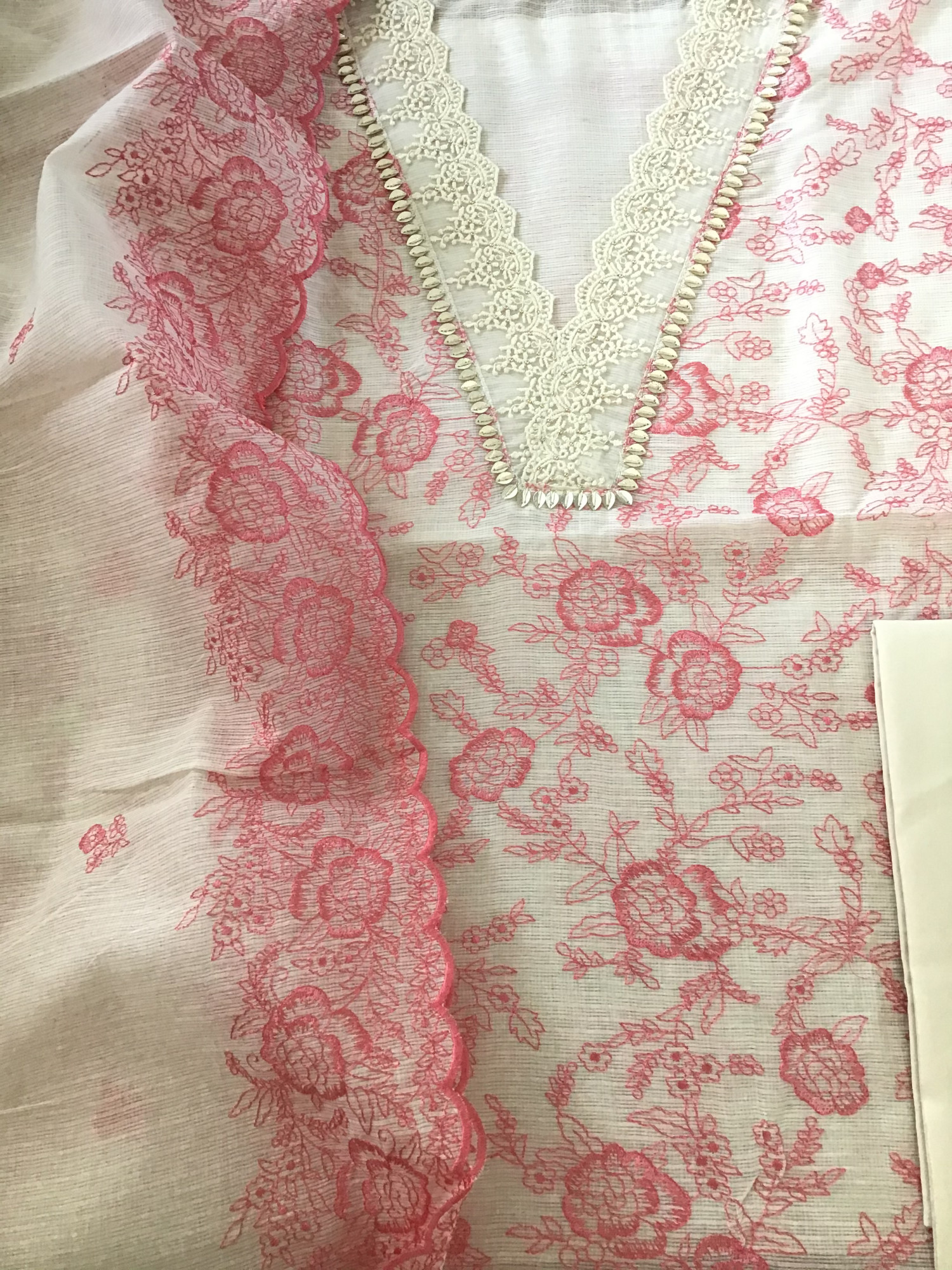 Soft Kota Silk Embroidered Suit - WhitePink
