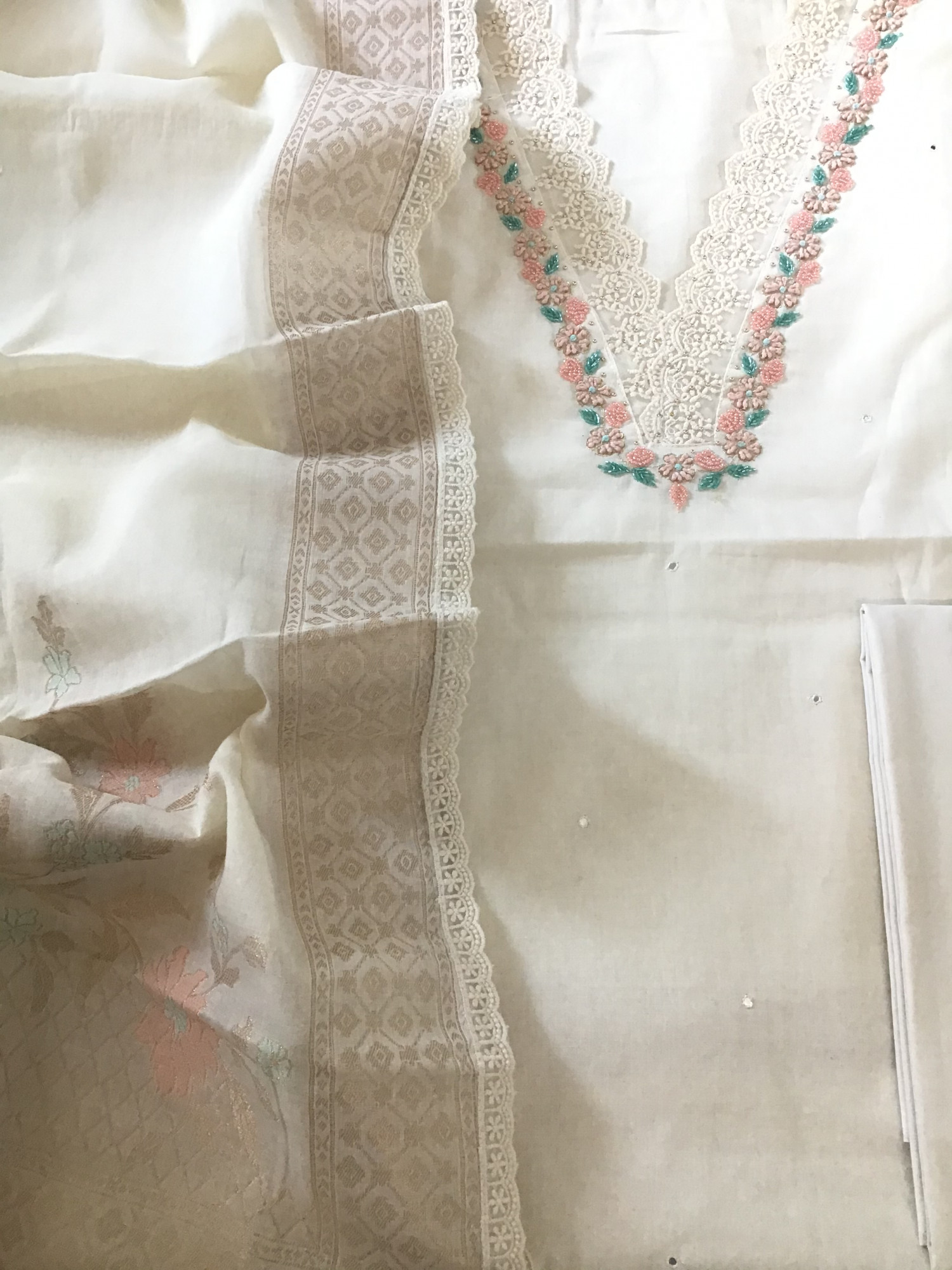 Pure Cotton Jamdani Weaved Embroidered Suit - OffWhite