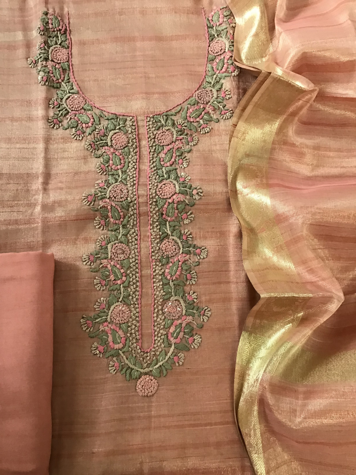 Soft Tissue Chanderi Embroidered Suit - Peach