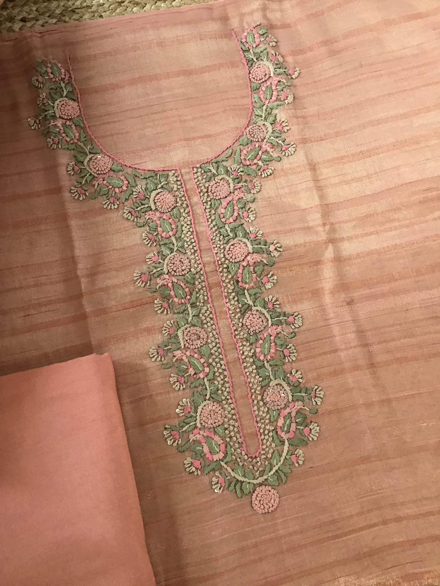 Soft Tissue Chanderi Embroidered Suit - Peach