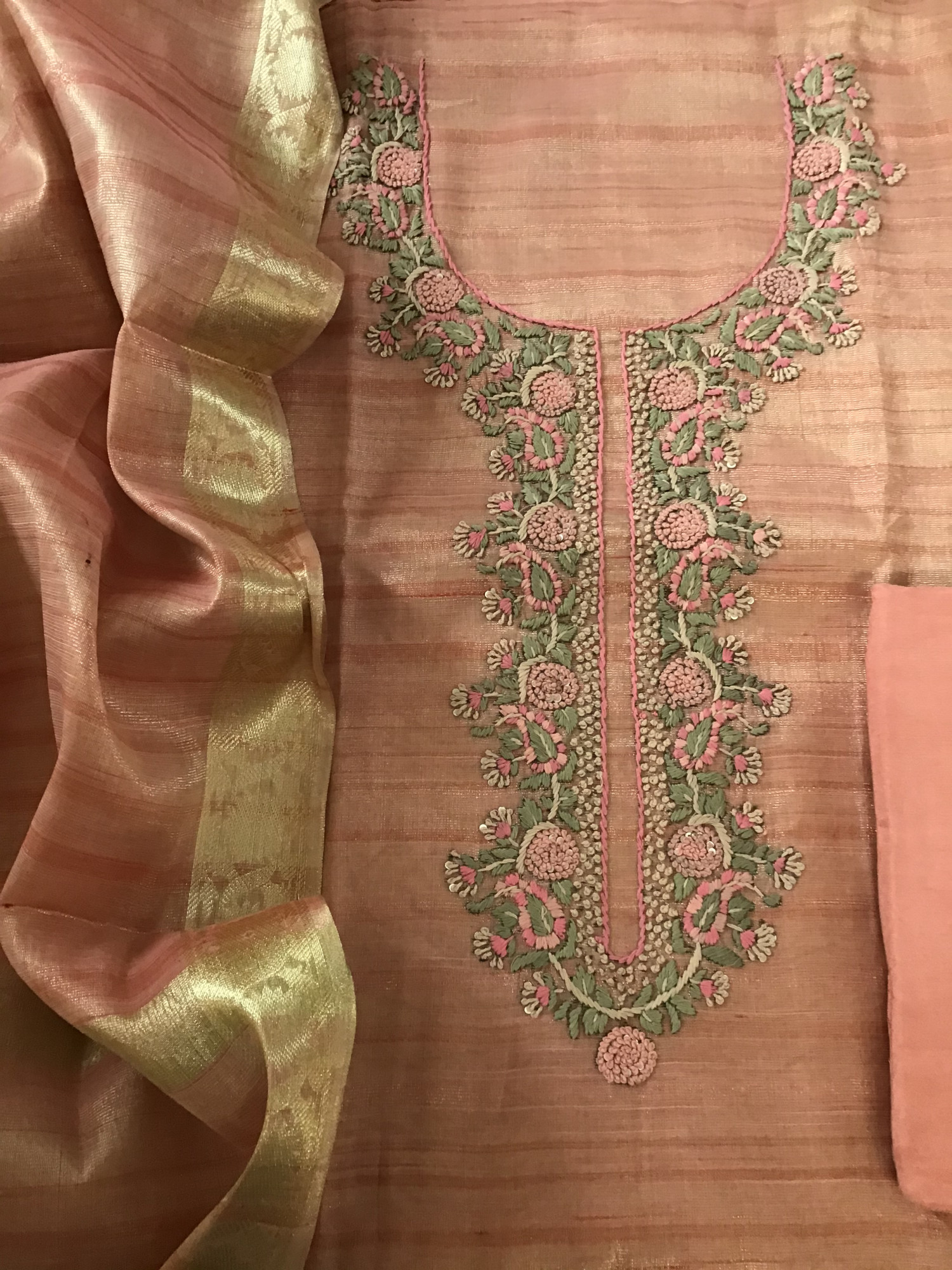 Soft Tissue Chanderi Embroidered Suit - Peach