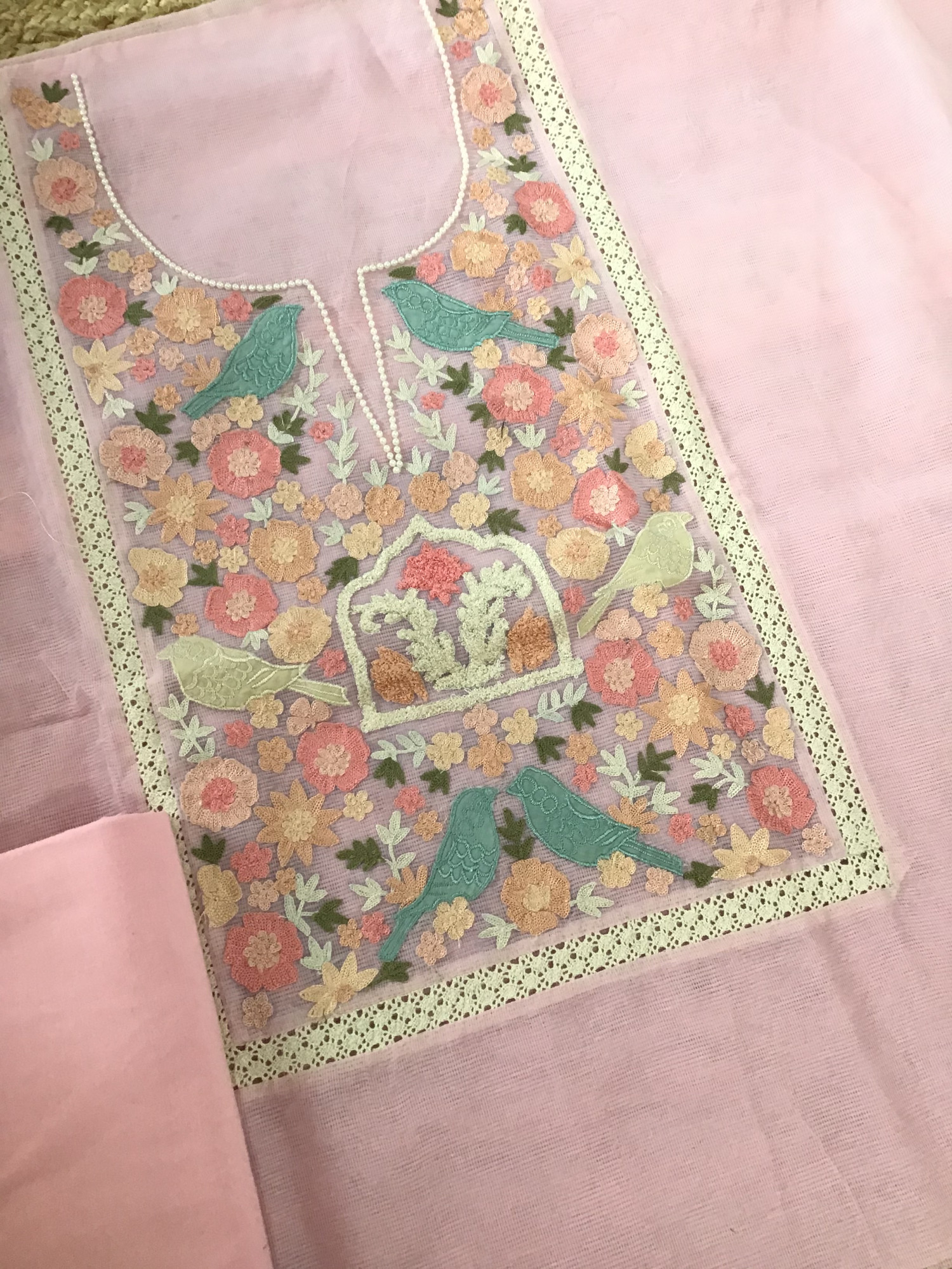 Soft Fine Supernet Embroidered Suit - Pink