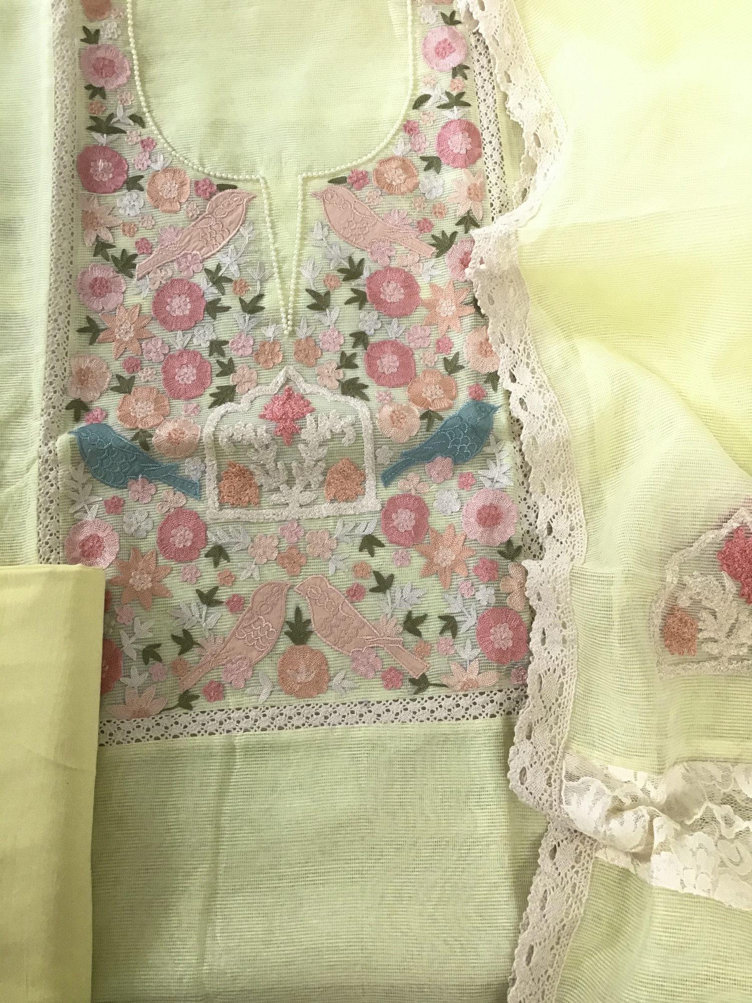 Soft Fine Supernet Embroidered Suit - Yellow