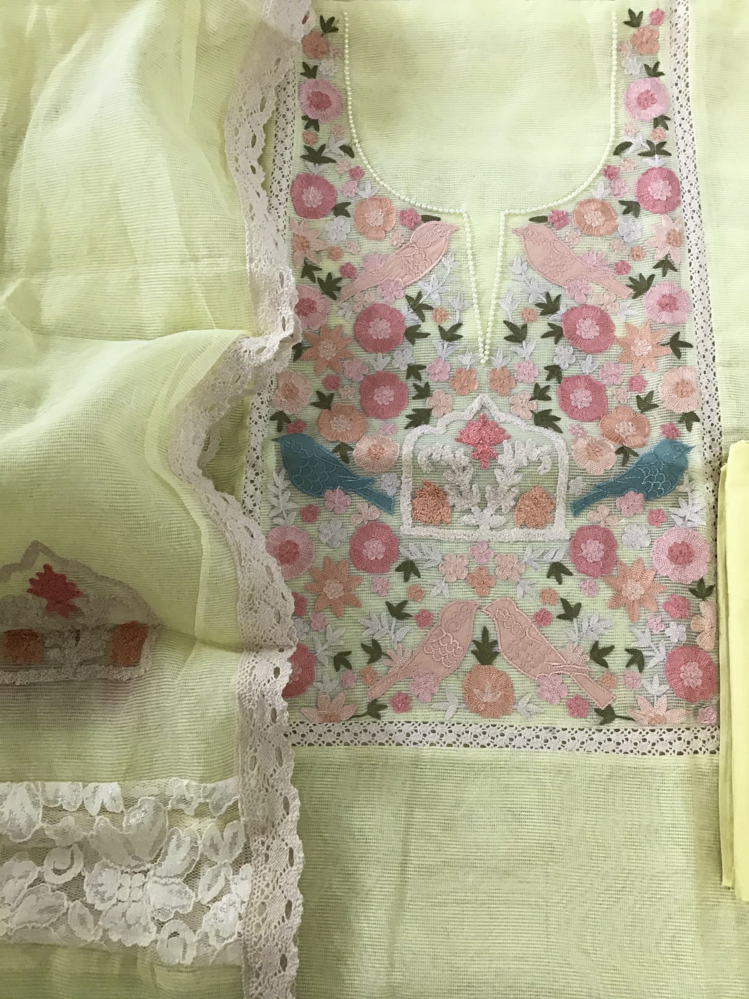 Soft Fine Supernet Embroidered Suit - Yellow