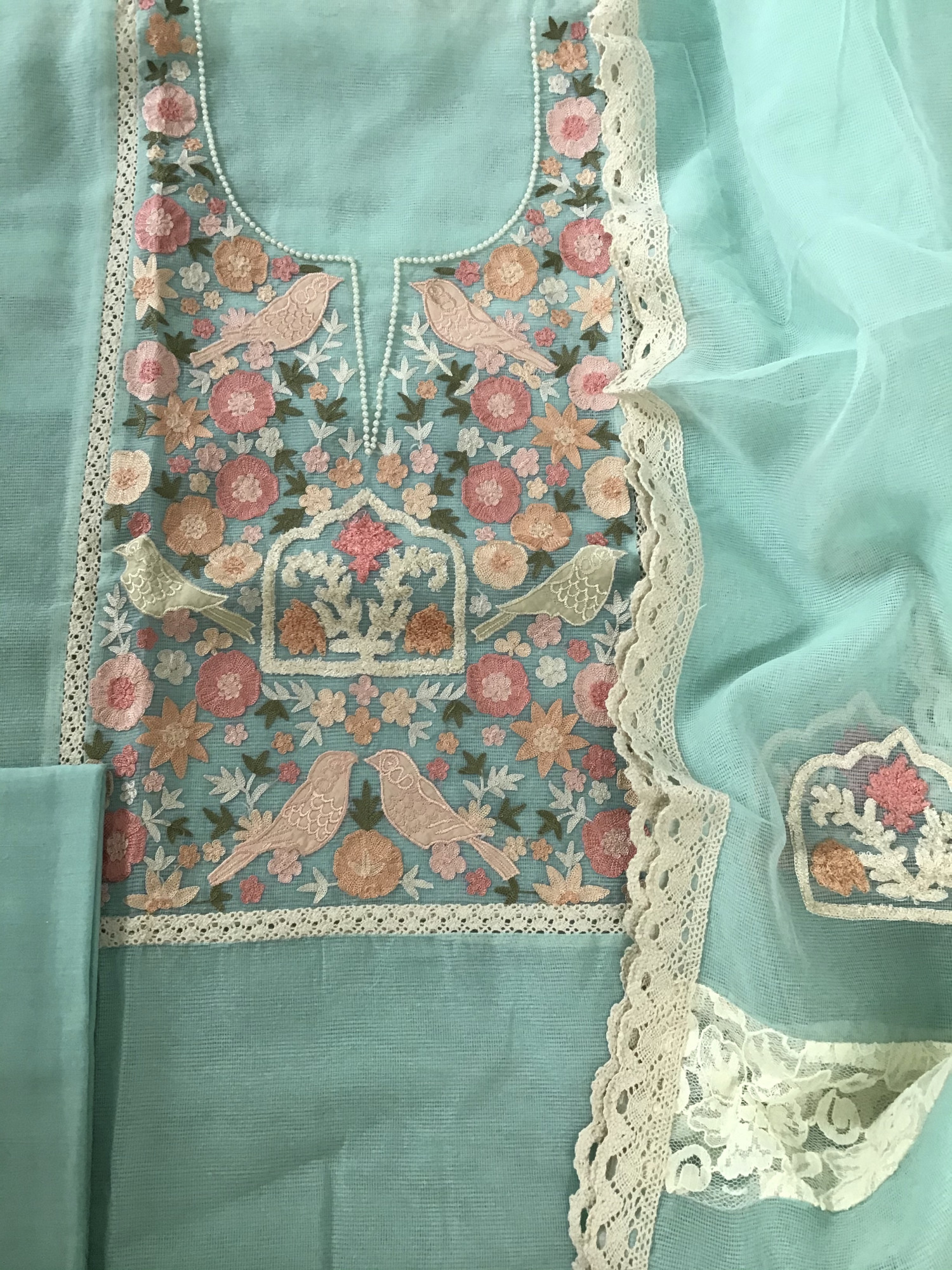 Soft Fine Supernet Embroidered Suit - Blue