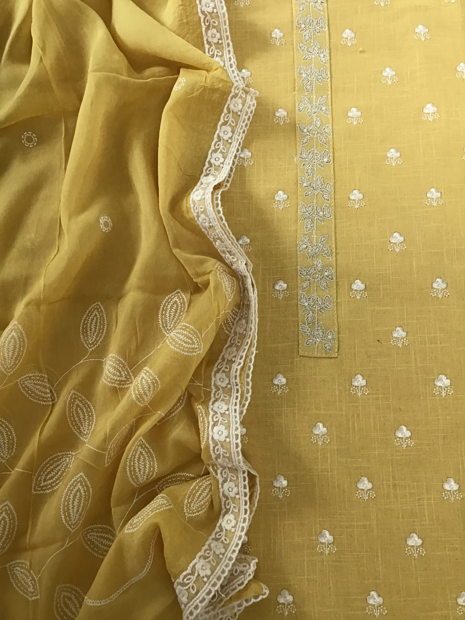 Pure Slub Cotton Embroidered Suit - Yellow