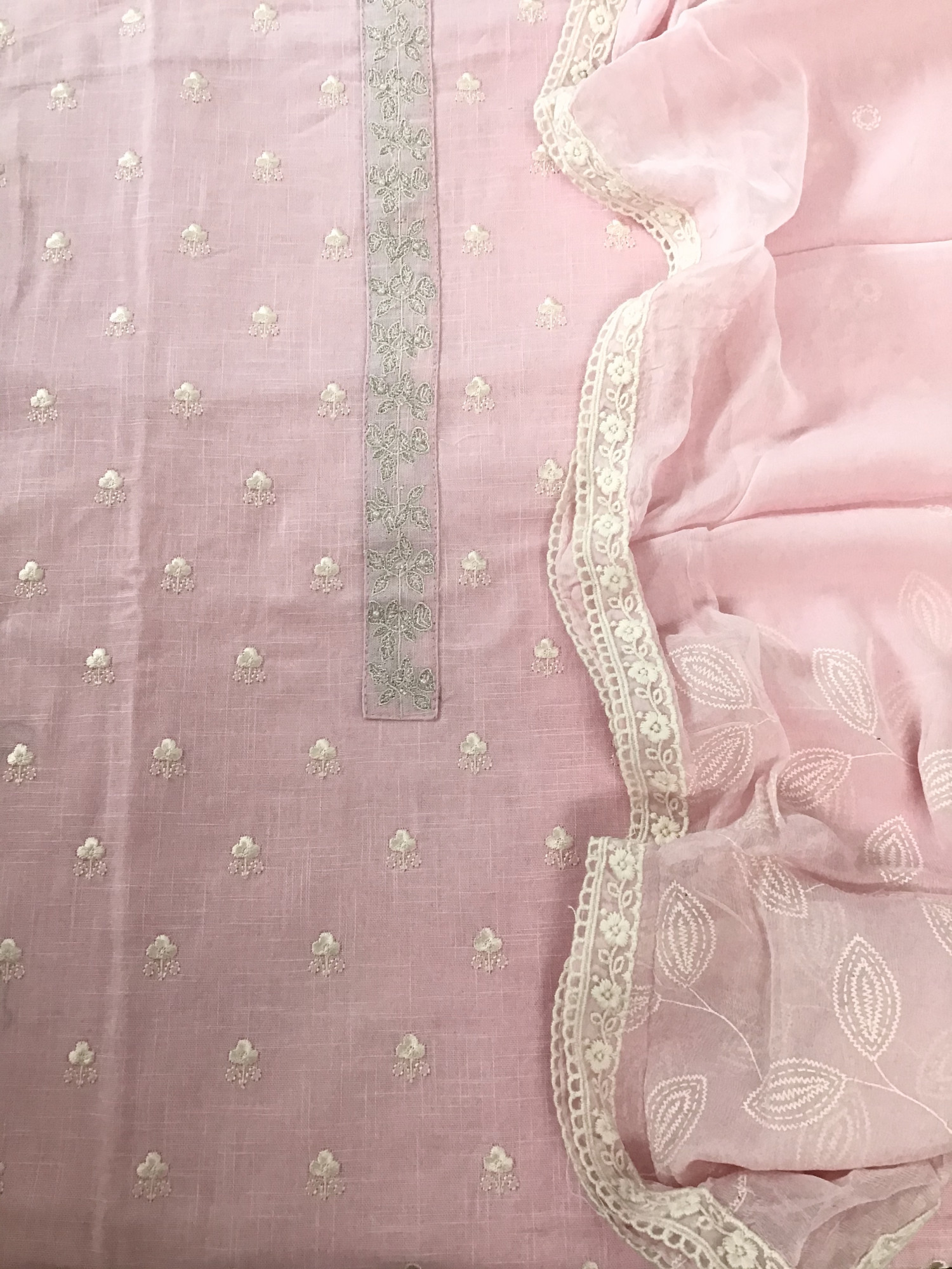 Pure Slub Cotton Embroidered Suit - Pink