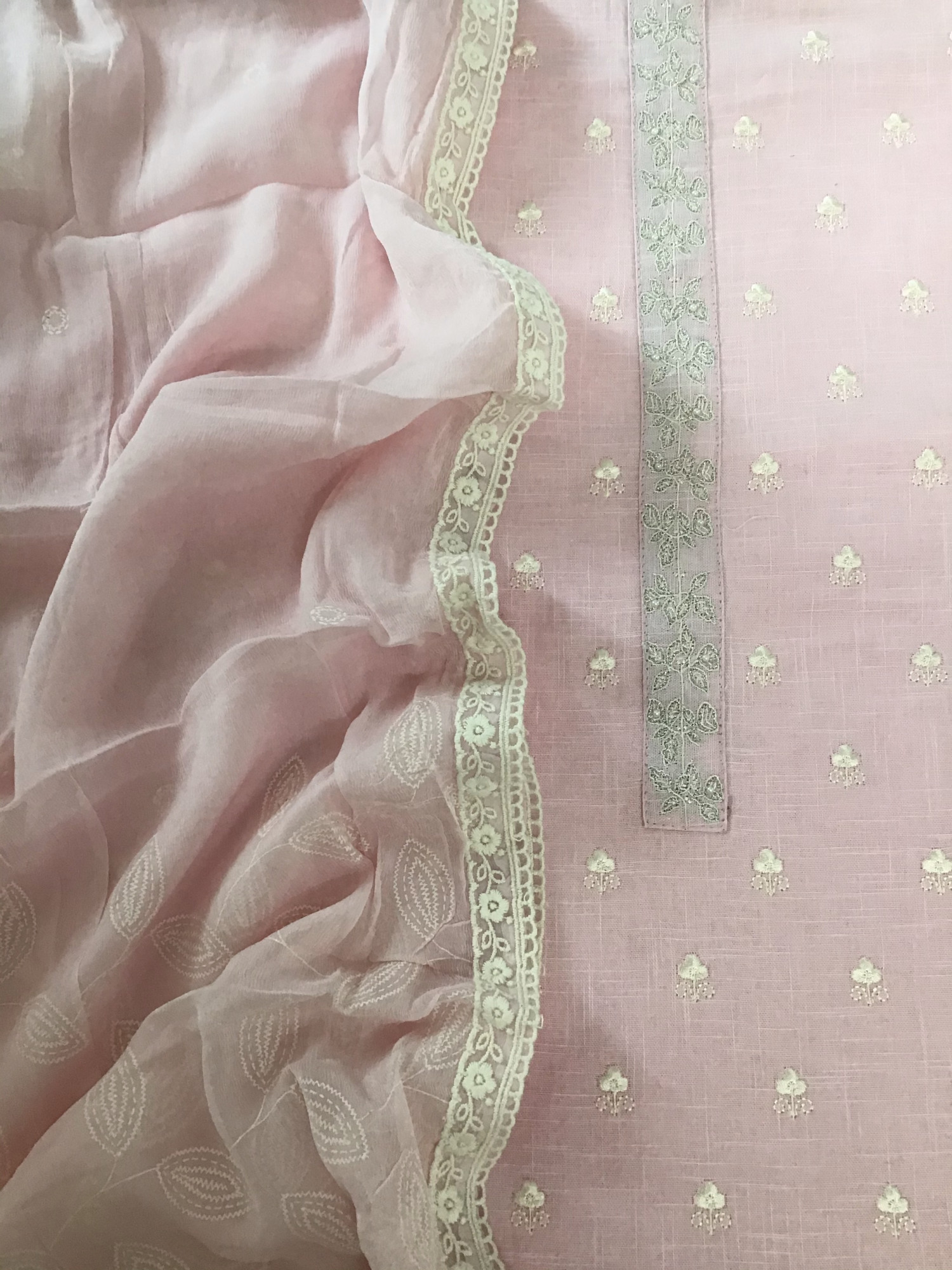 Pure Slub Cotton Embroidered Suit - Pink