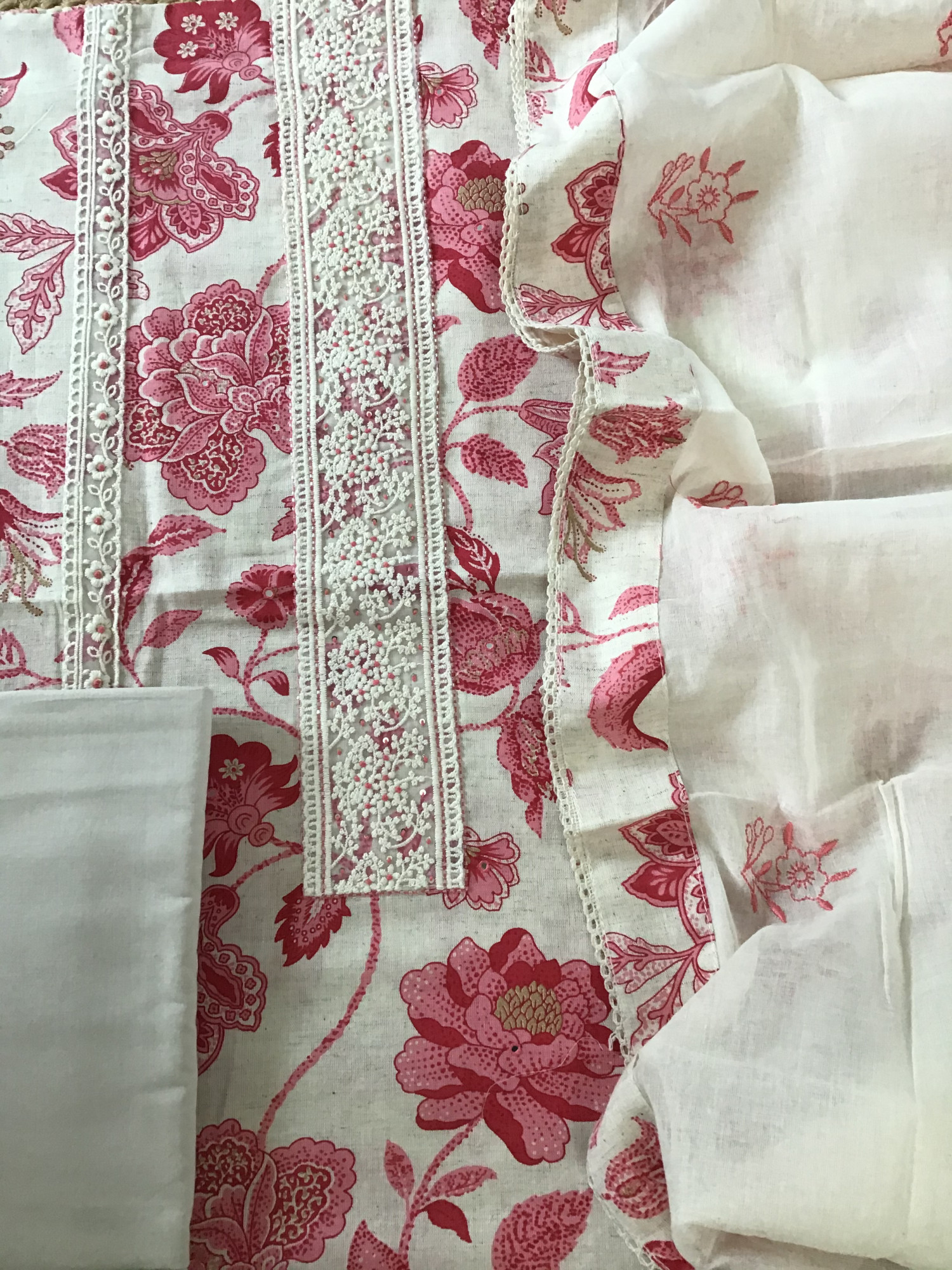 Pure Khadi Cotton Printed Embroidered Suit - OffwhitePink