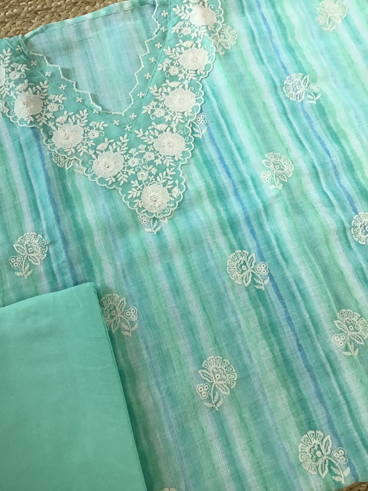 Soft Semi Linen Jute Cotton Printed Embroidered Suit - Blue