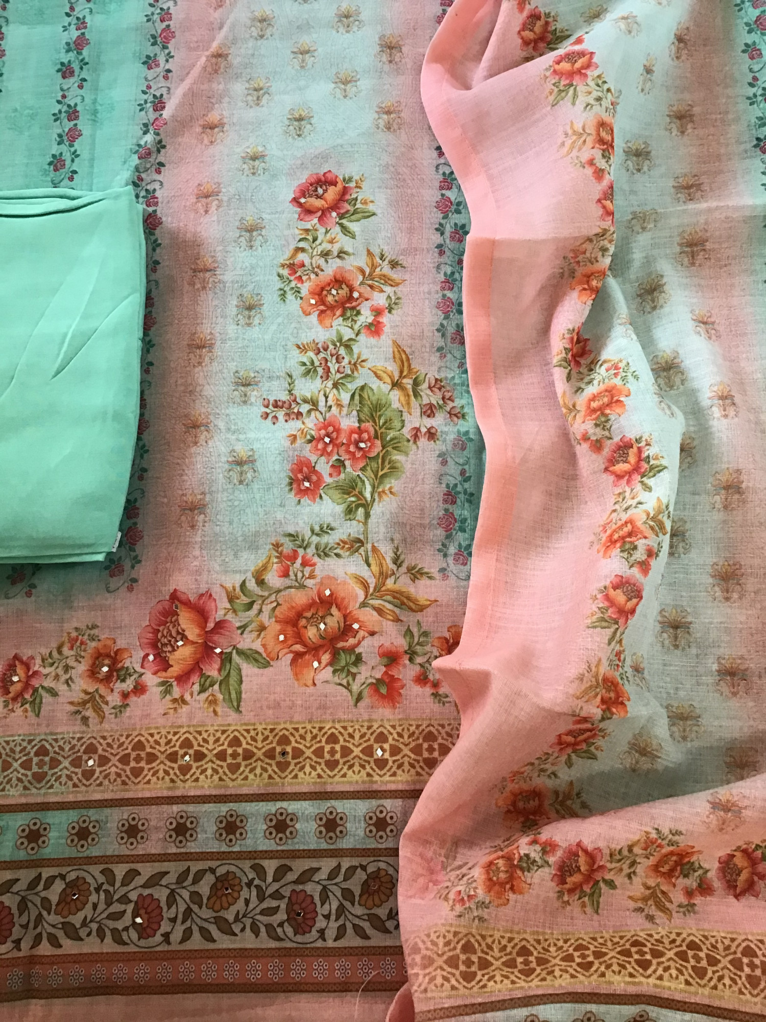 Soft Semi Linen Jute Cotton Printed Embroidered Suit - Blue