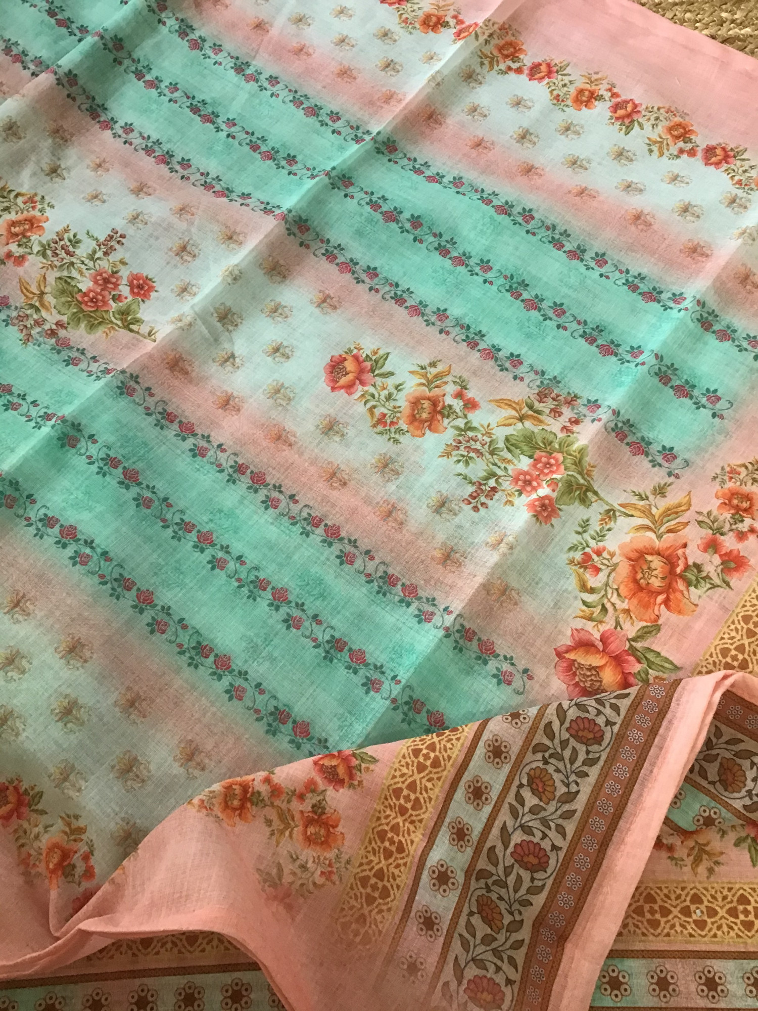 Soft Semi Linen Jute Cotton Printed Embroidered Suit - Blue