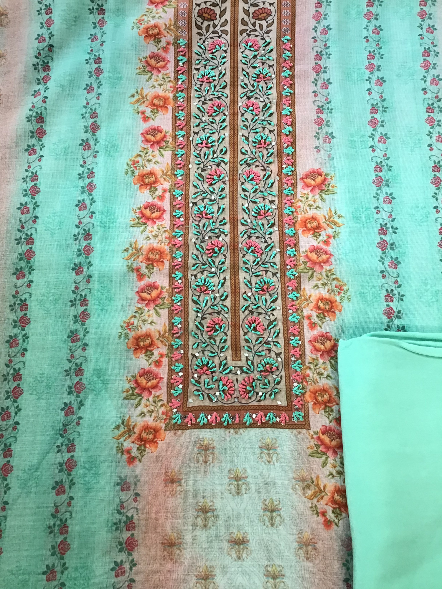 Soft Semi Linen Jute Cotton Printed Embroidered Suit - Blue