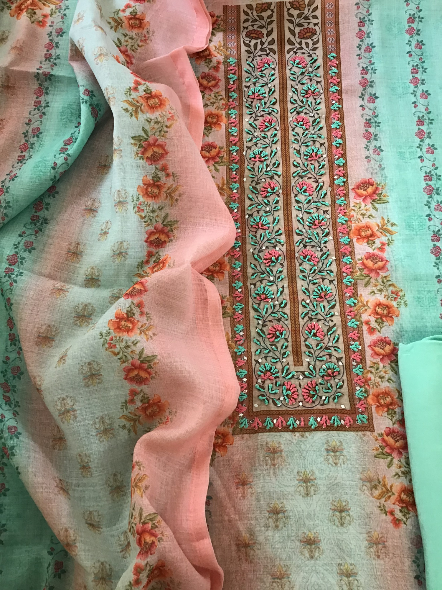 Soft Semi Linen Jute Cotton Printed Embroidered Suit - Blue