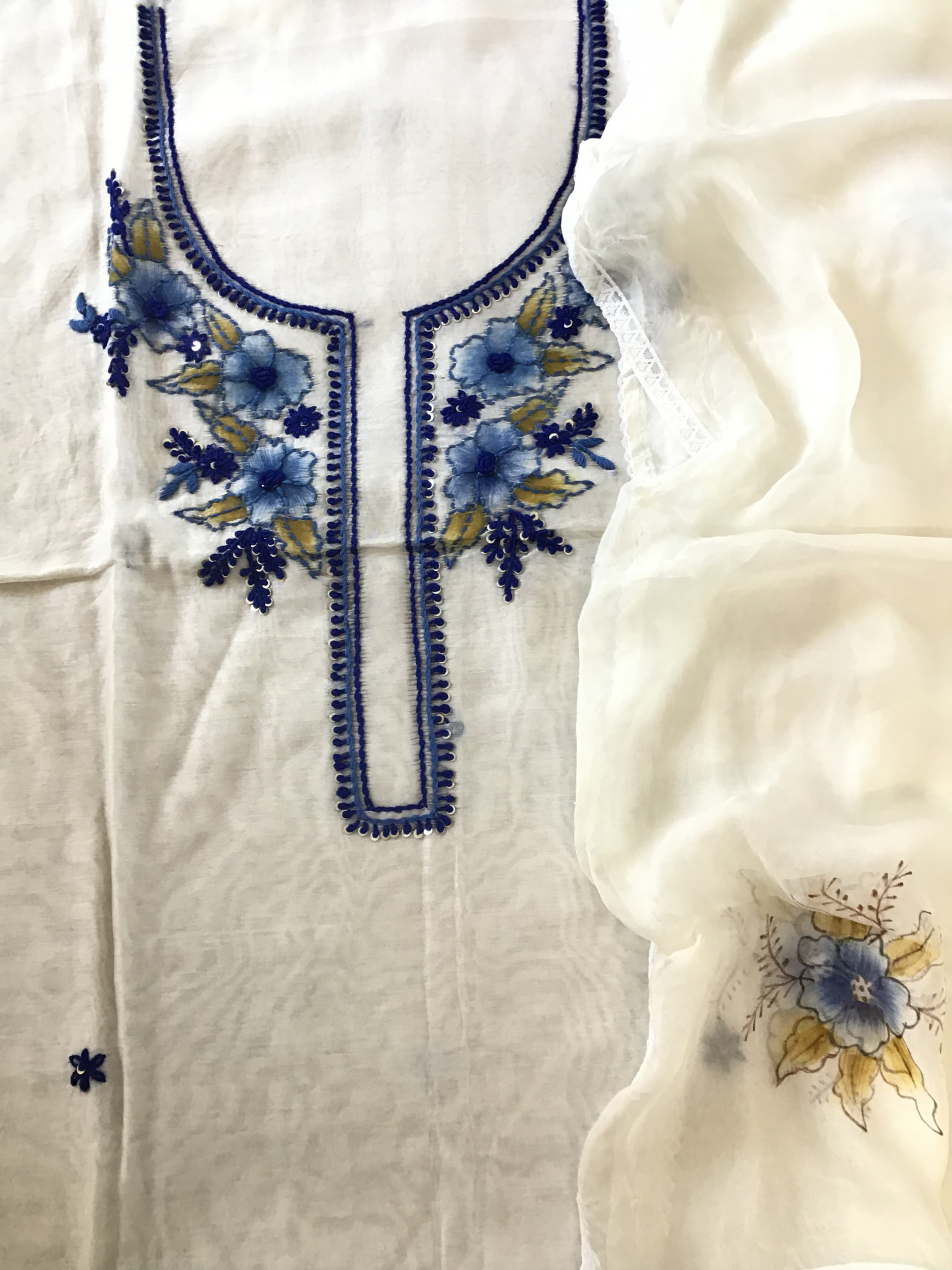 Pure Chanderi Printed Embroidered Suit - White