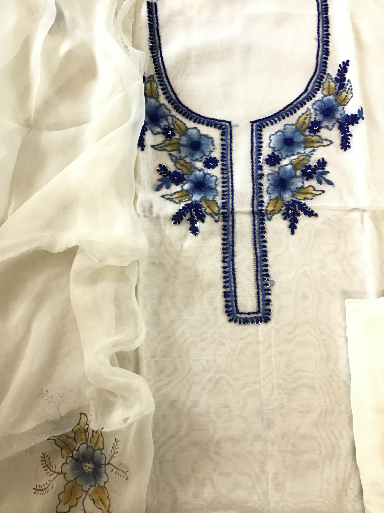 Pure Chanderi Printed Embroidered Suit - White