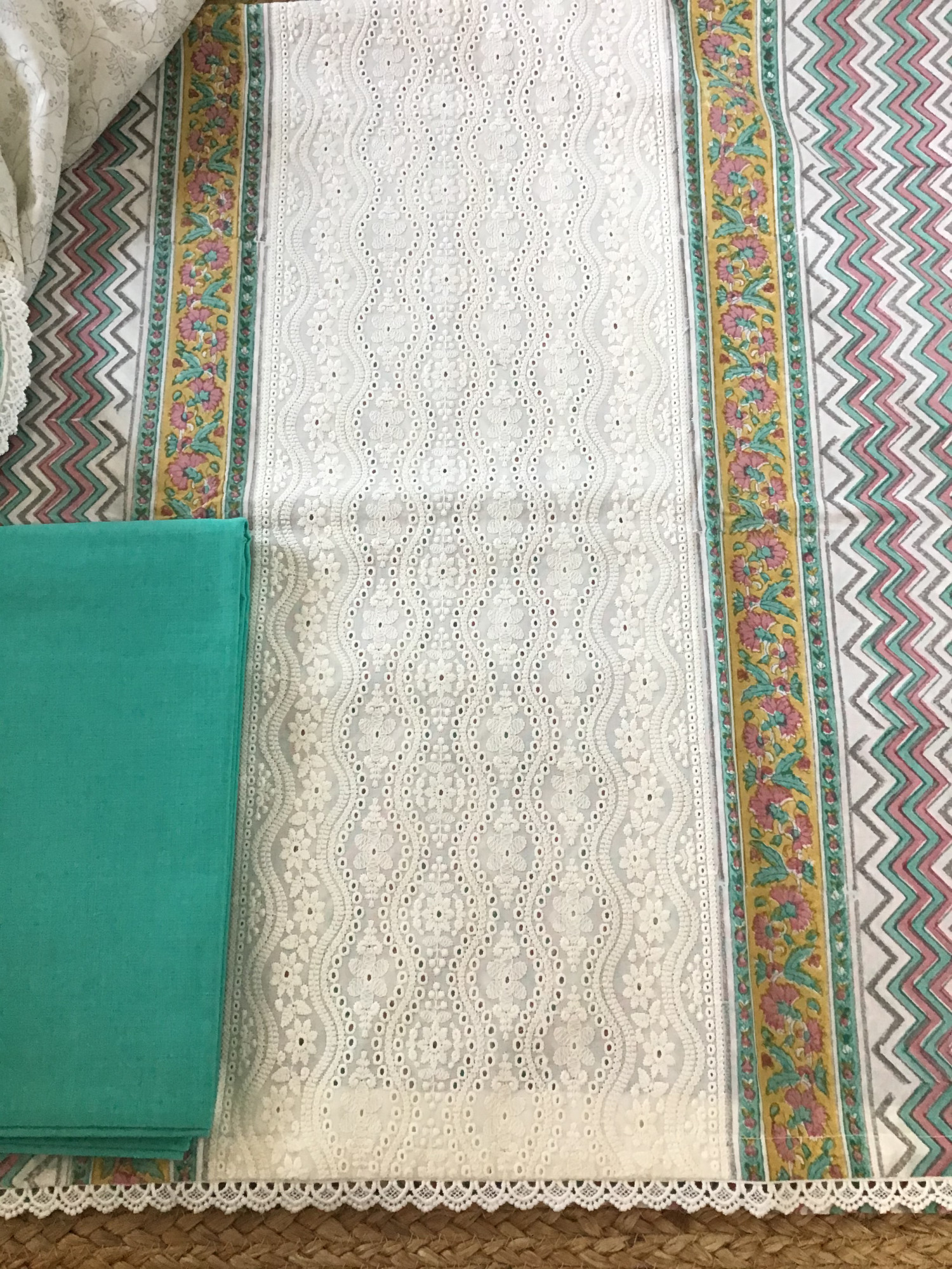 Pure Cotton Printed Embroidered Suit - Offwhite