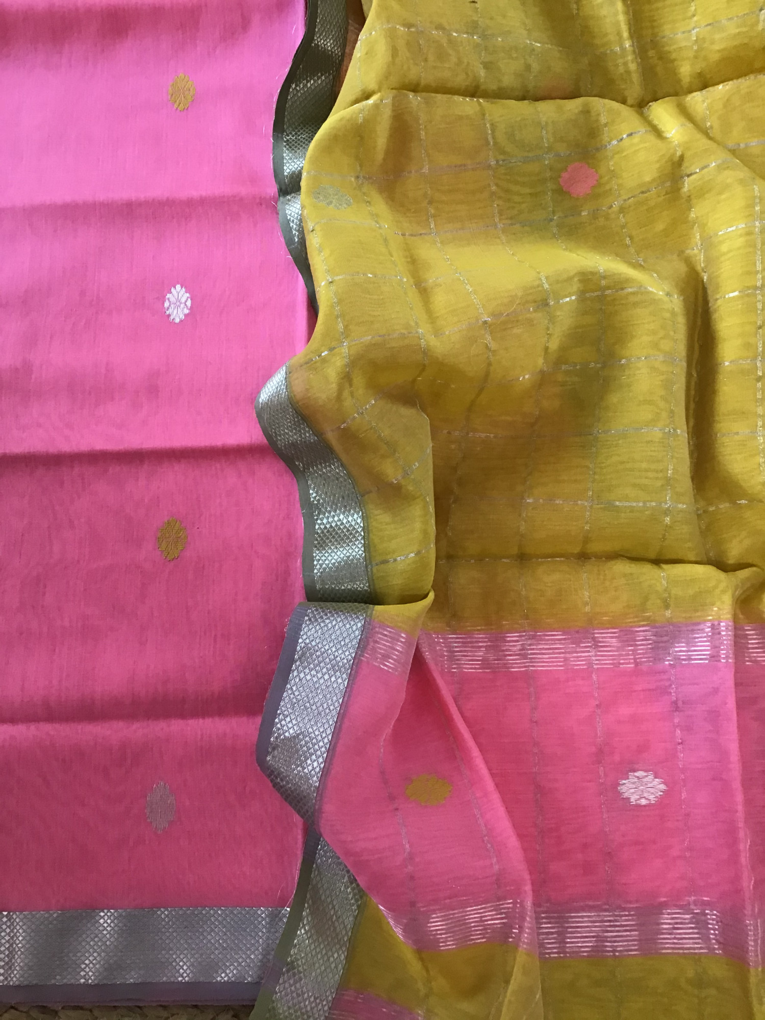 Pure Maheshwari Silk Self Weaved Suit - Pink