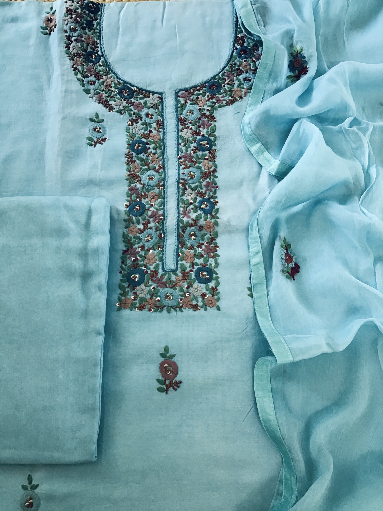 Pure Chanderi Embroidered Suit - Blue