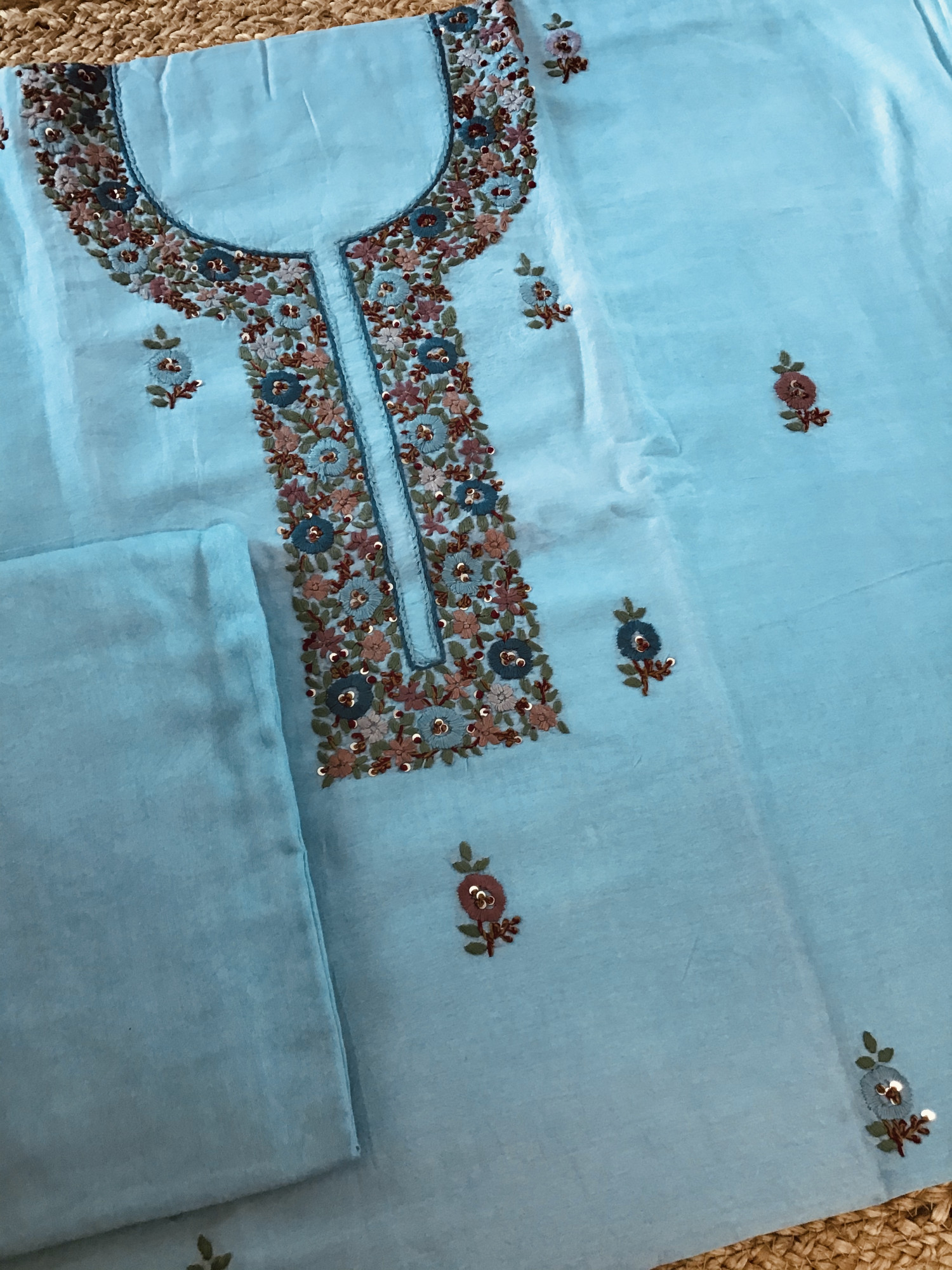 Pure Chanderi Embroidered Suit - Blue