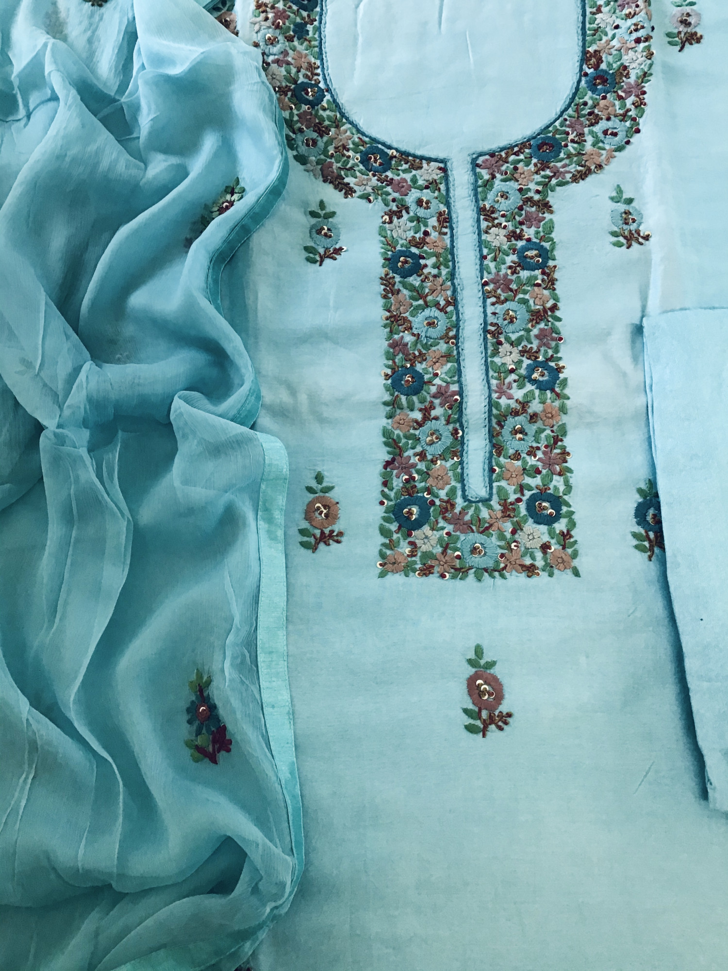 Pure Chanderi Embroidered Suit - Blue