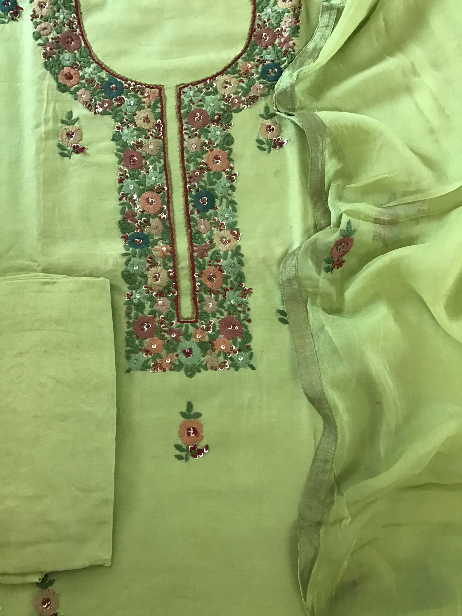 Pure Chanderi Embroidered Suit - Green