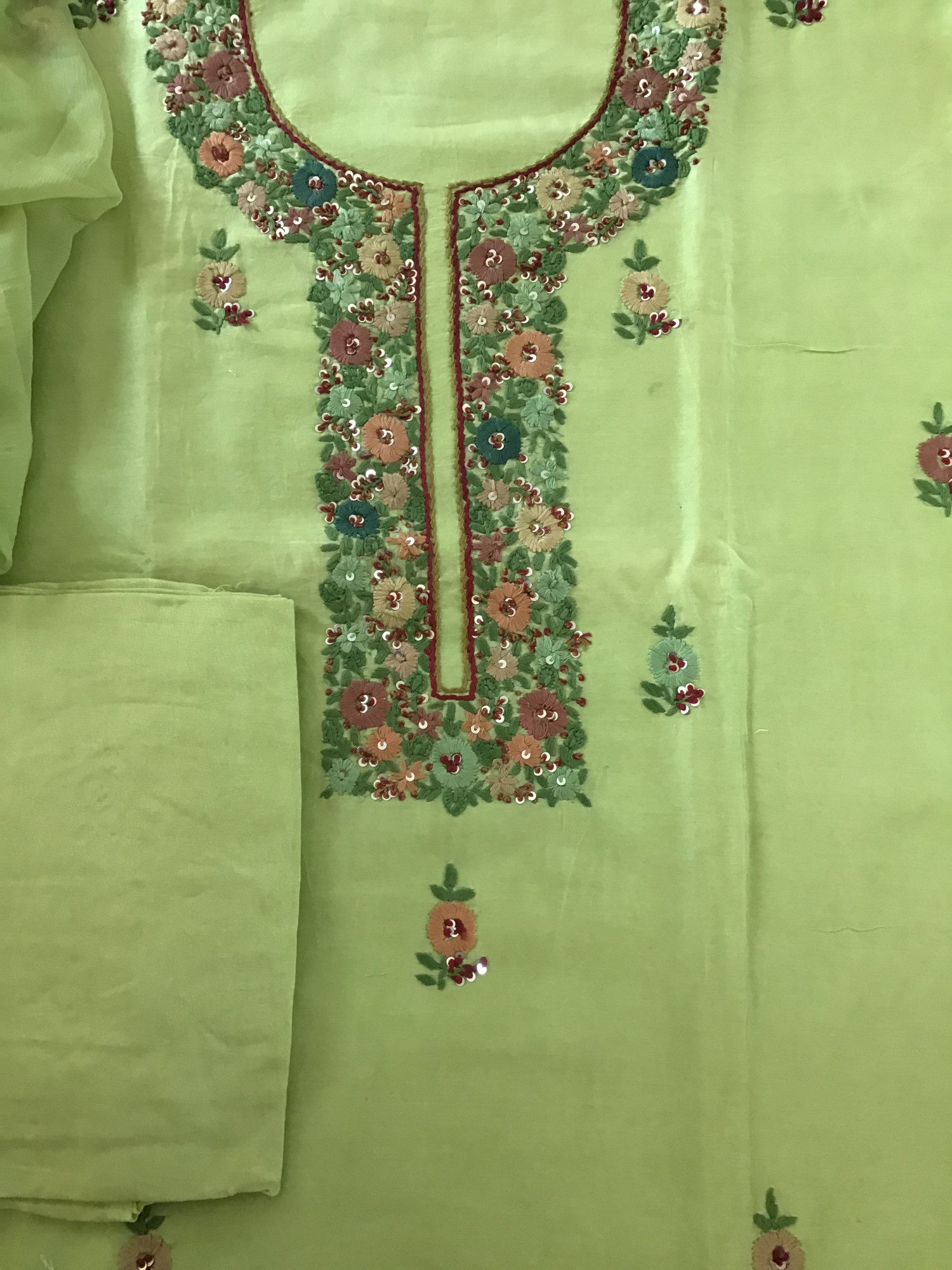Pure Chanderi Embroidered Suit - Green