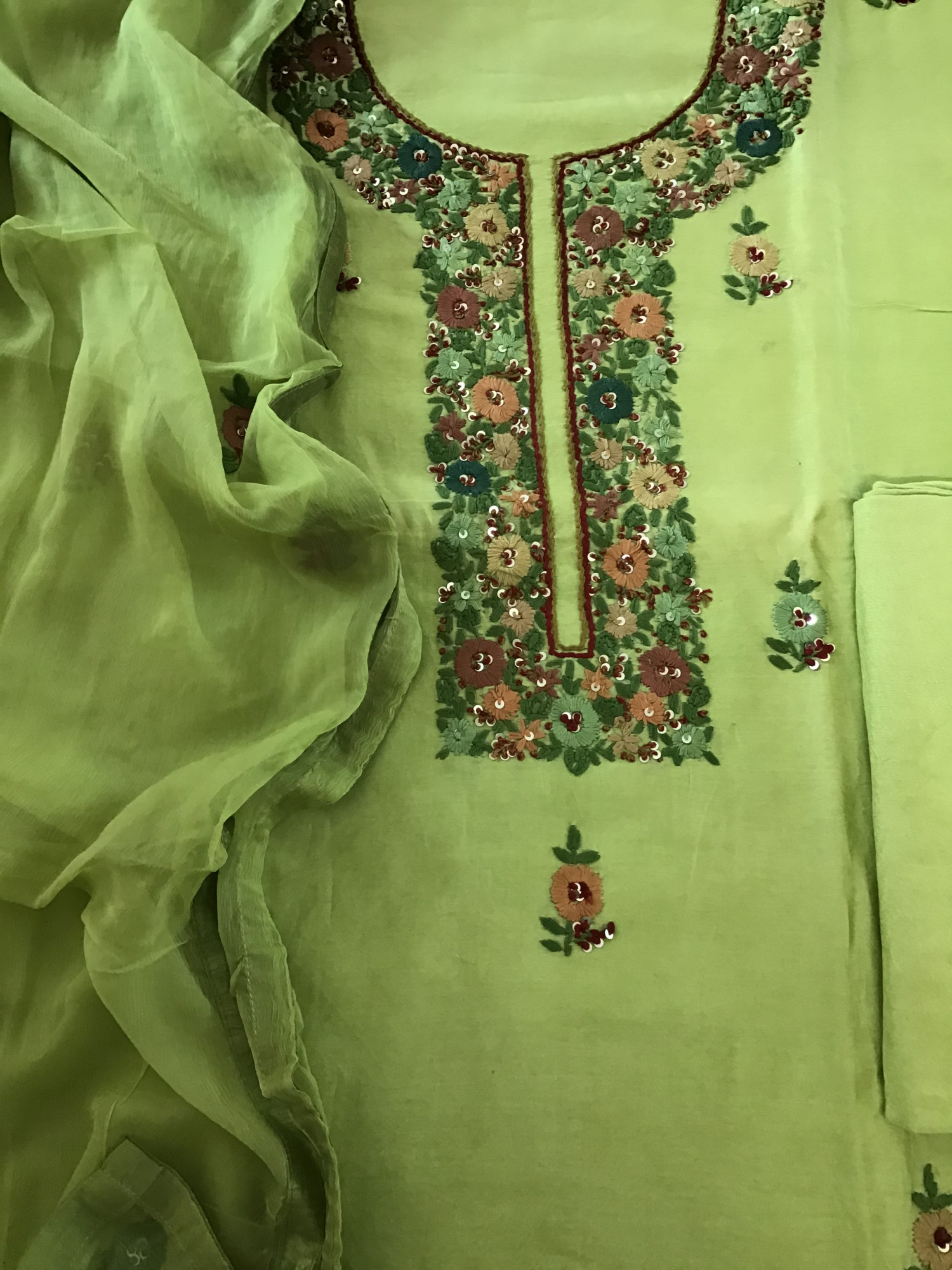 Pure Chanderi Embroidered Suit - Green