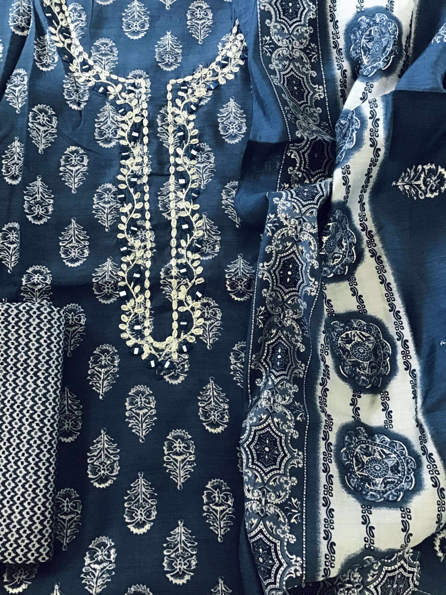 Pure Muslin Printed Embroidered Suit - Blue