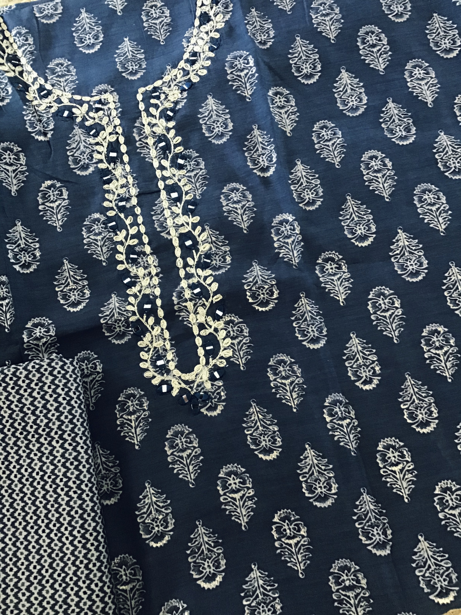 Pure Muslin Printed Embroidered Suit - Blue