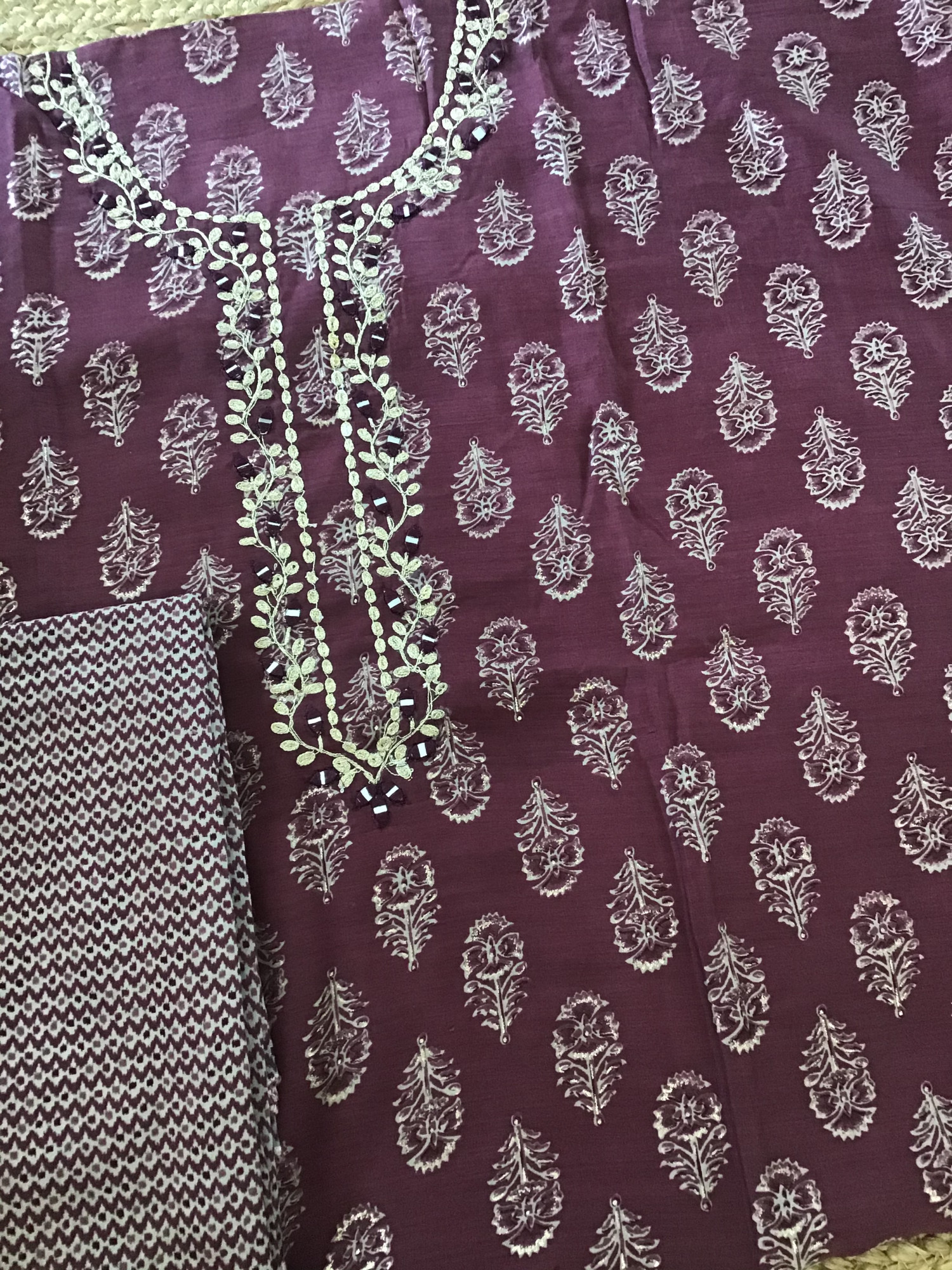Pure Muslin Printed Embroidered Suit - Wine