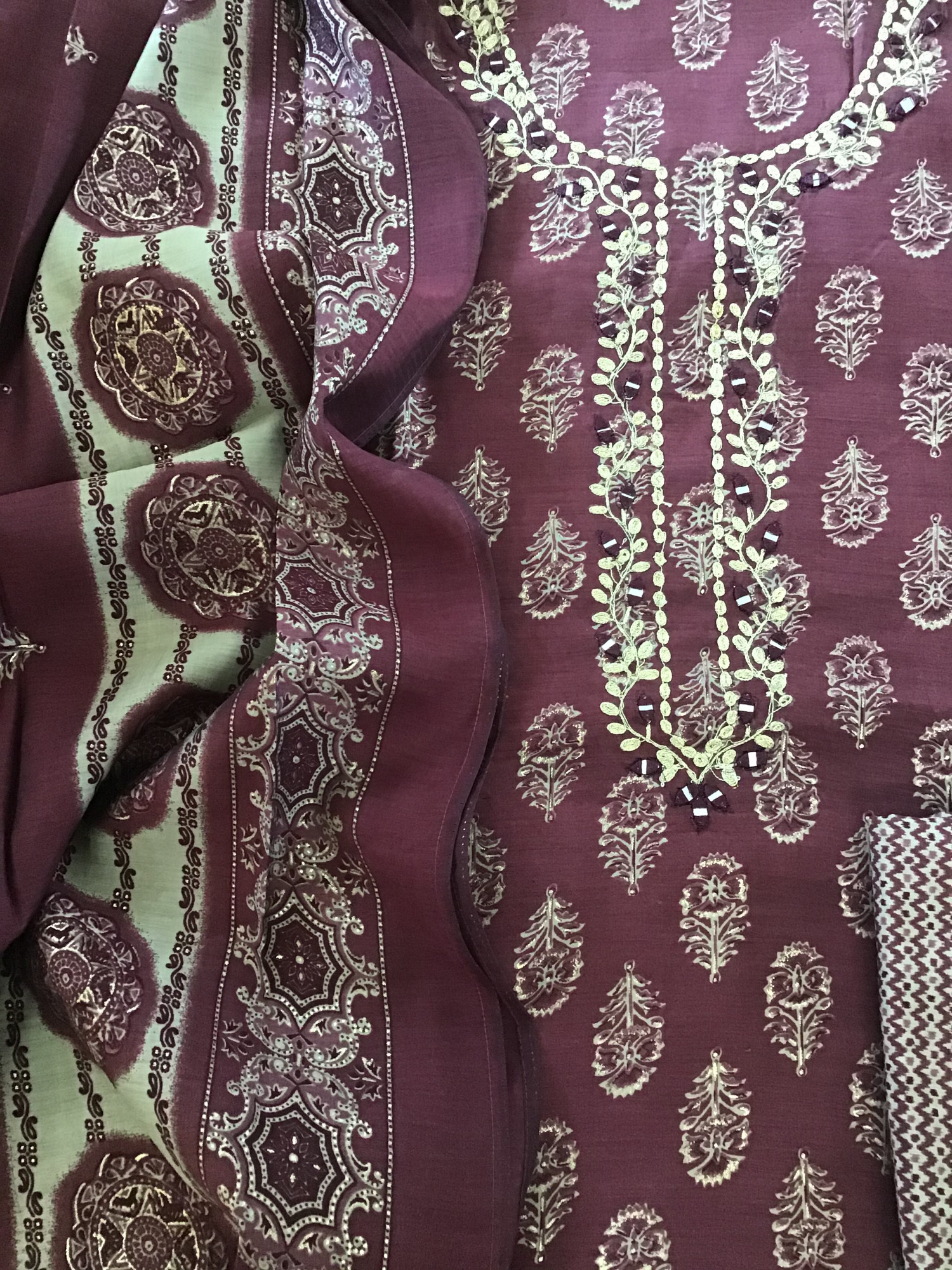Pure Muslin Printed Embroidered Suit - Wine