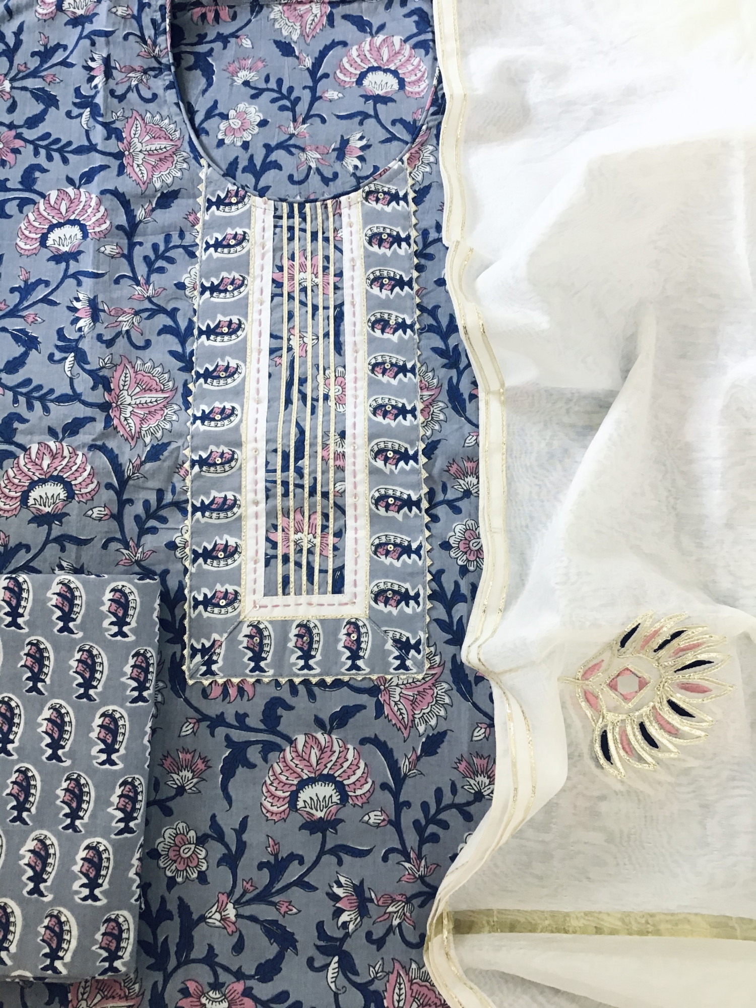 Pure Cotton Printed Embroidered Suit - Blue