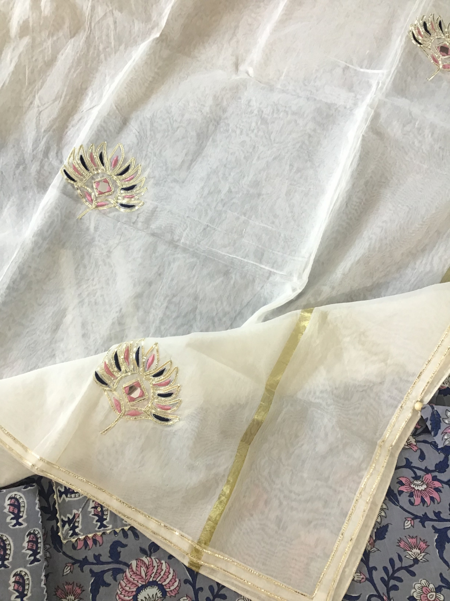 Pure Cotton Printed Embroidered Suit - Blue