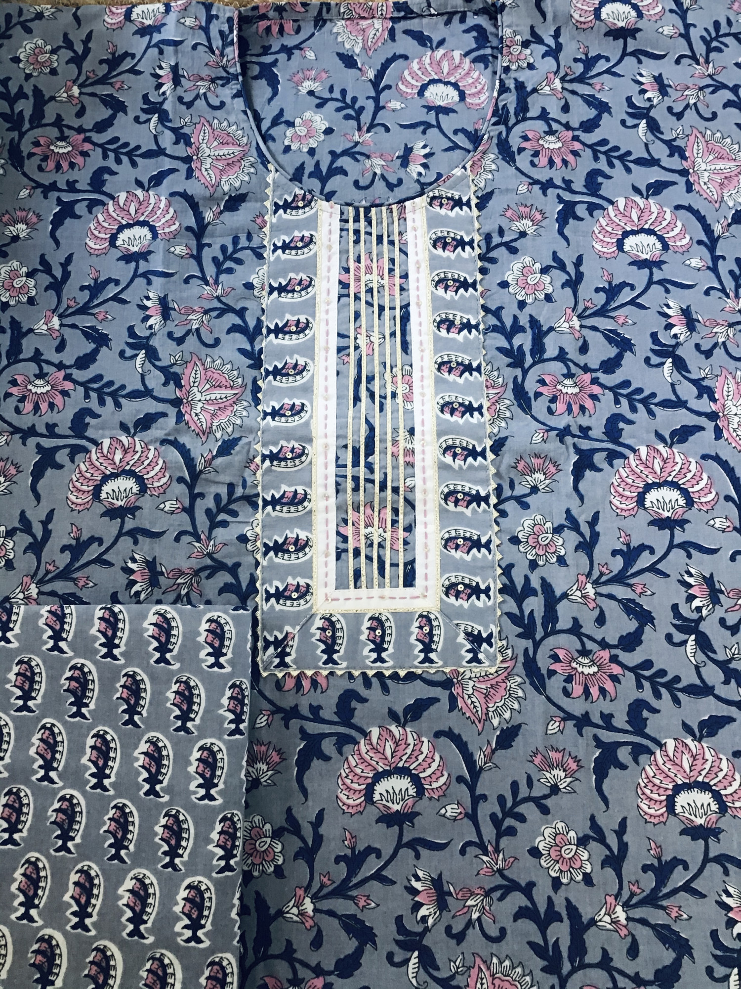 Pure Cotton Printed Embroidered Suit - Blue