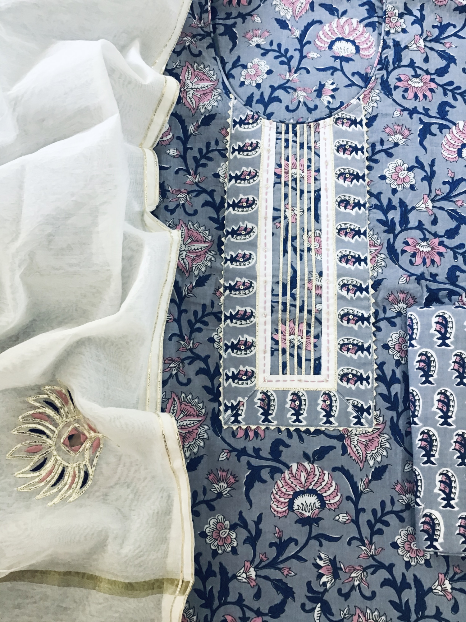 Pure Cotton Printed Embroidered Suit - Blue