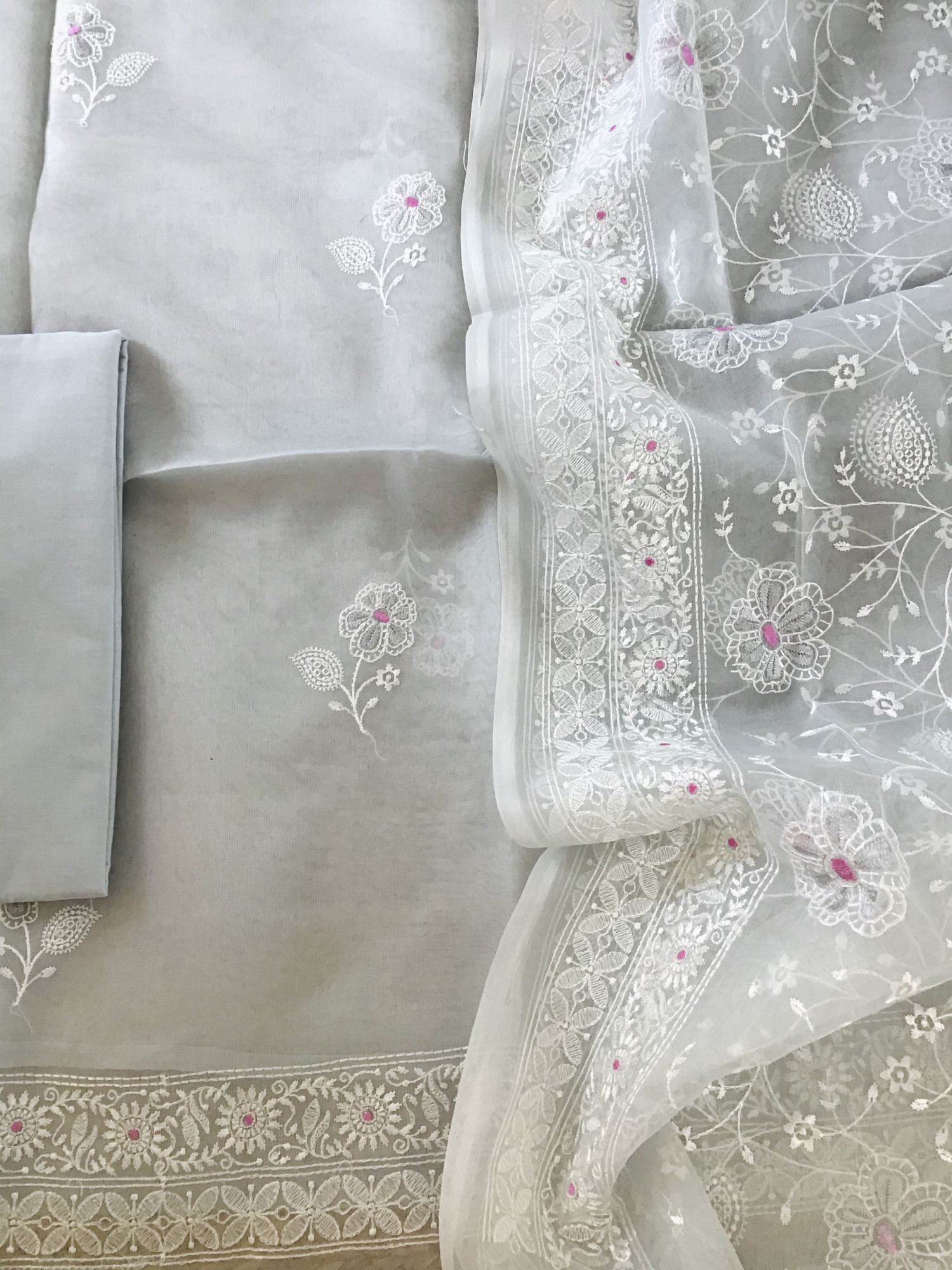 Soft Organza Embroidered Suit - Grey