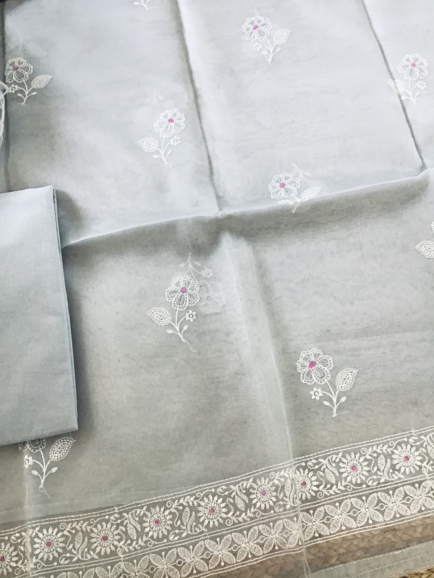 Soft Organza Embroidered Suit - Grey