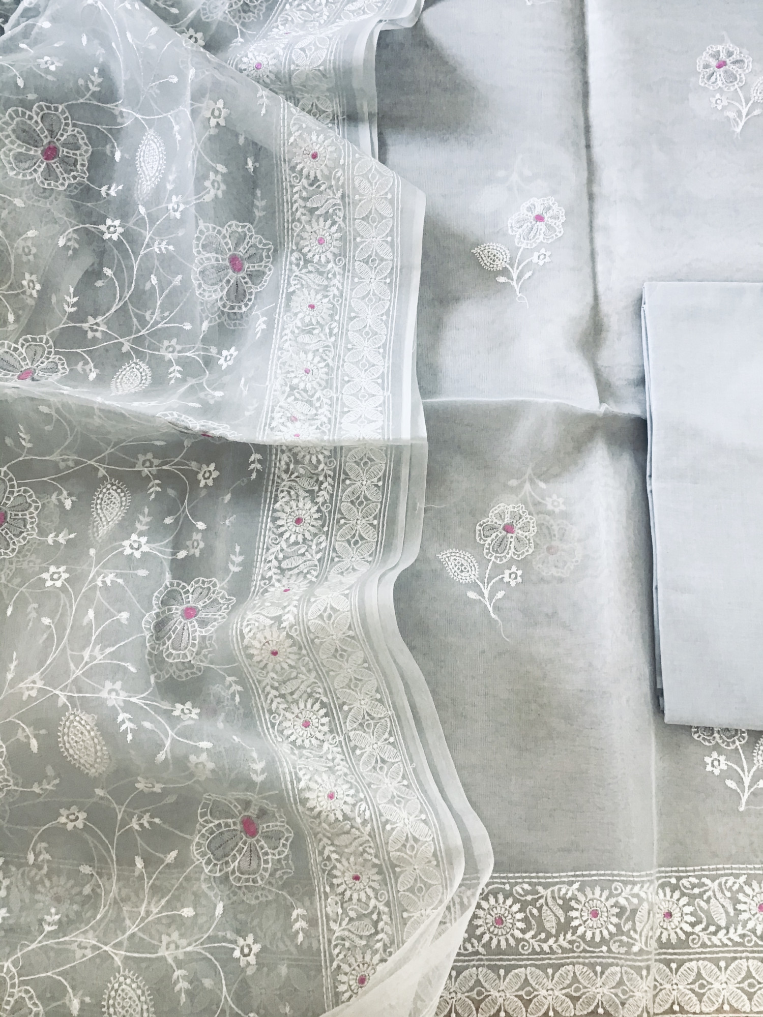 Soft Organza Embroidered Suit - Grey