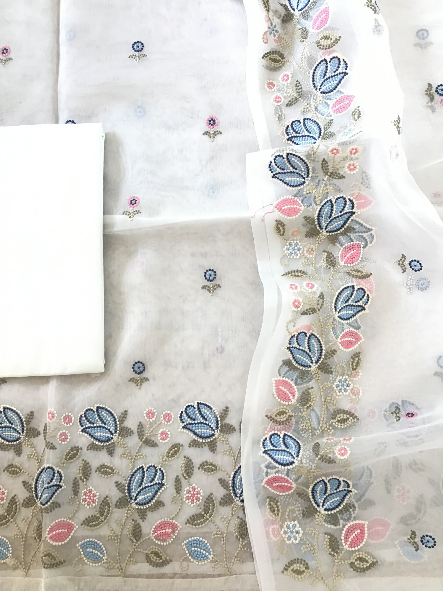 Soft Organza Embroidered Suit - White