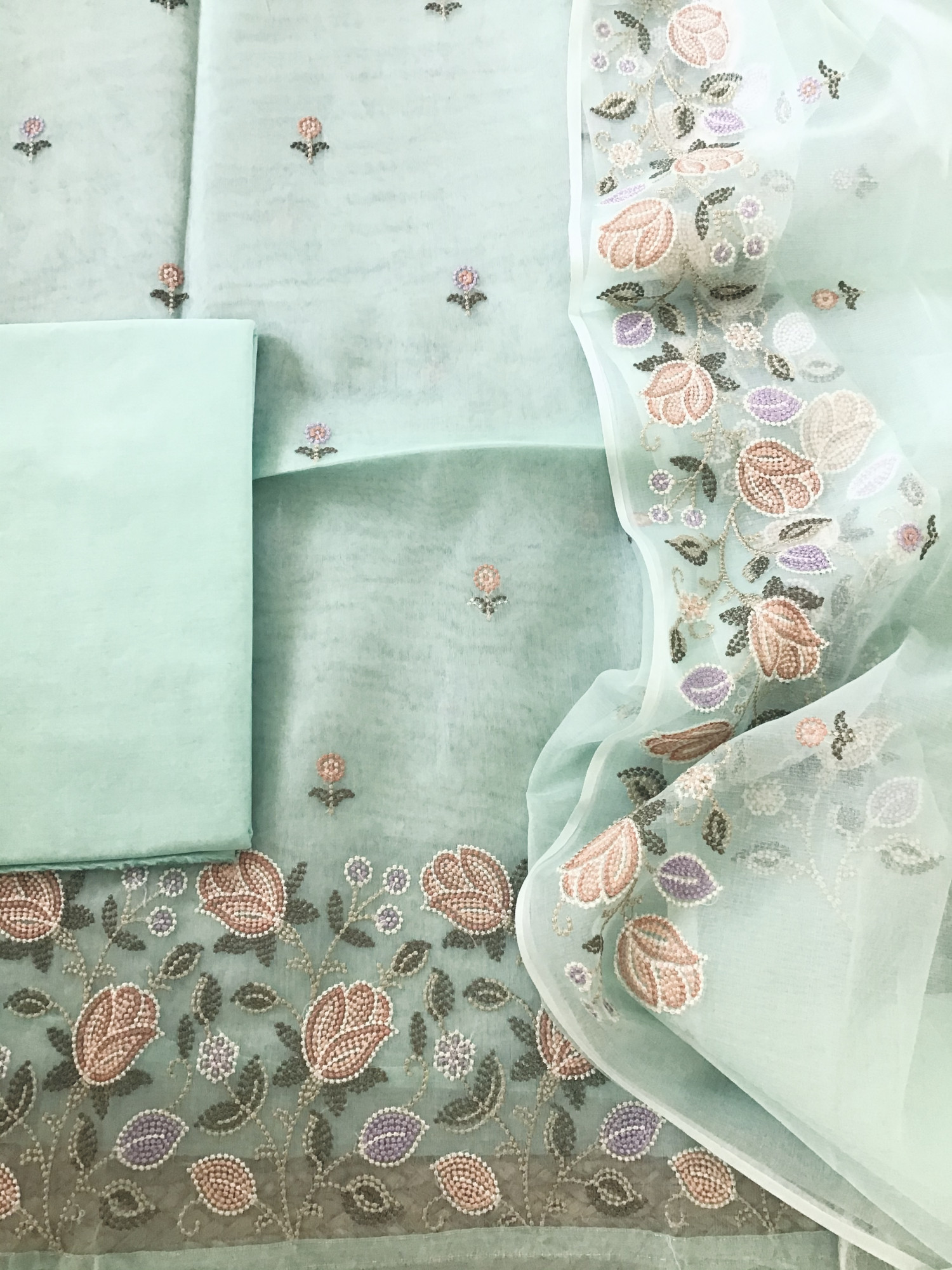 Soft Organza Embroidered Suit - Green