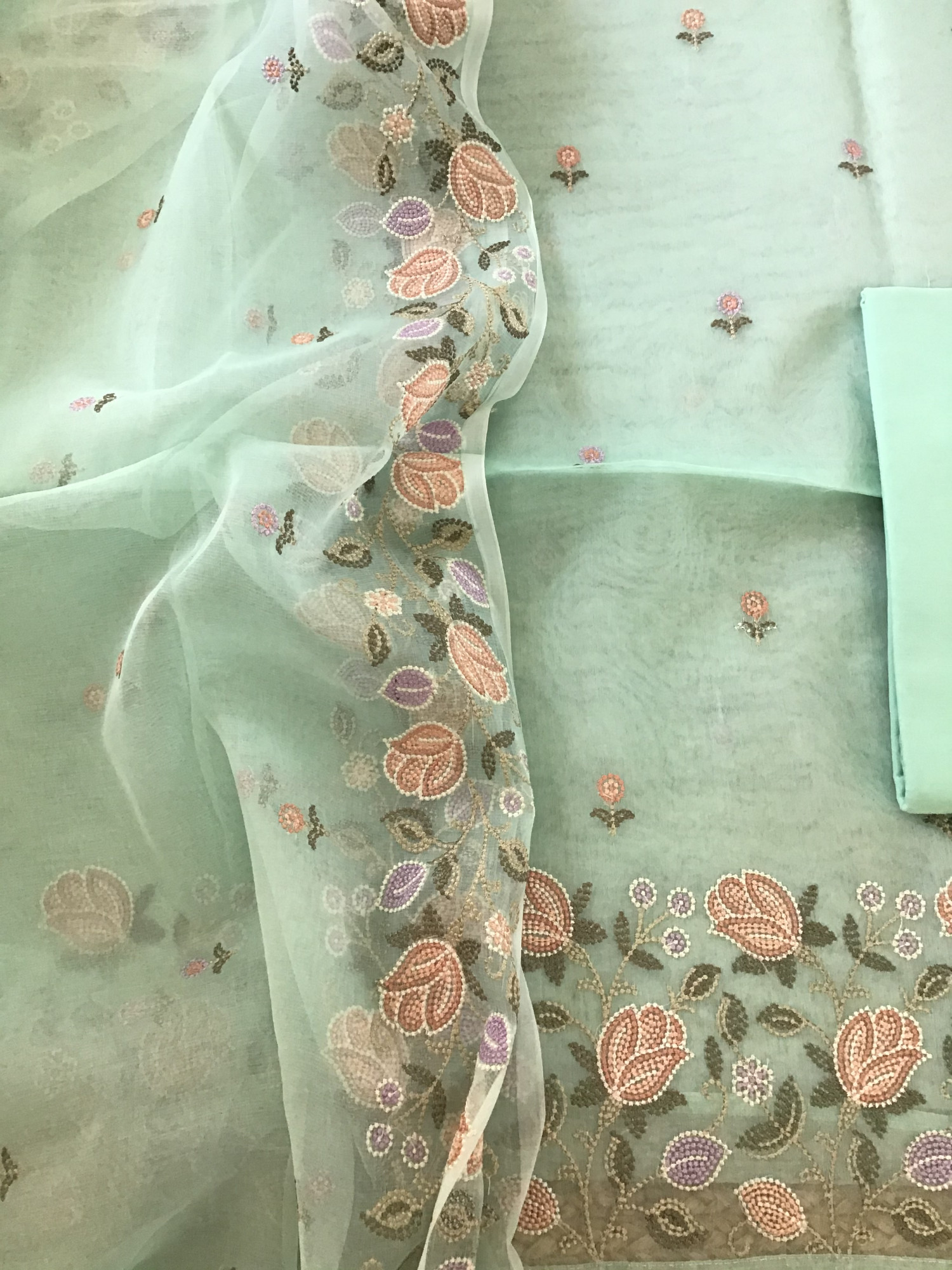 Soft Organza Embroidered Suit - Green