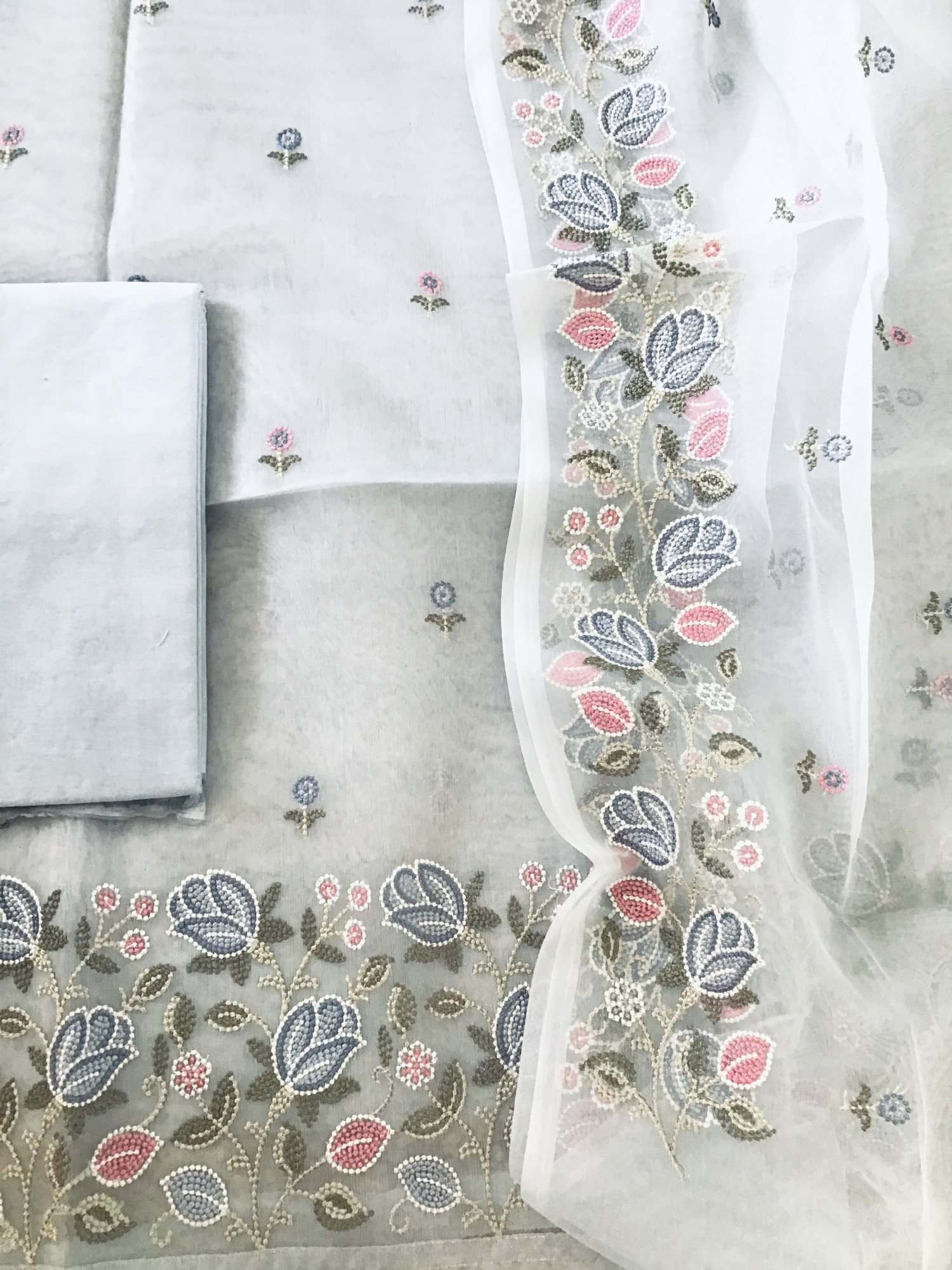 Soft Organza Embroidered Suit - Grey