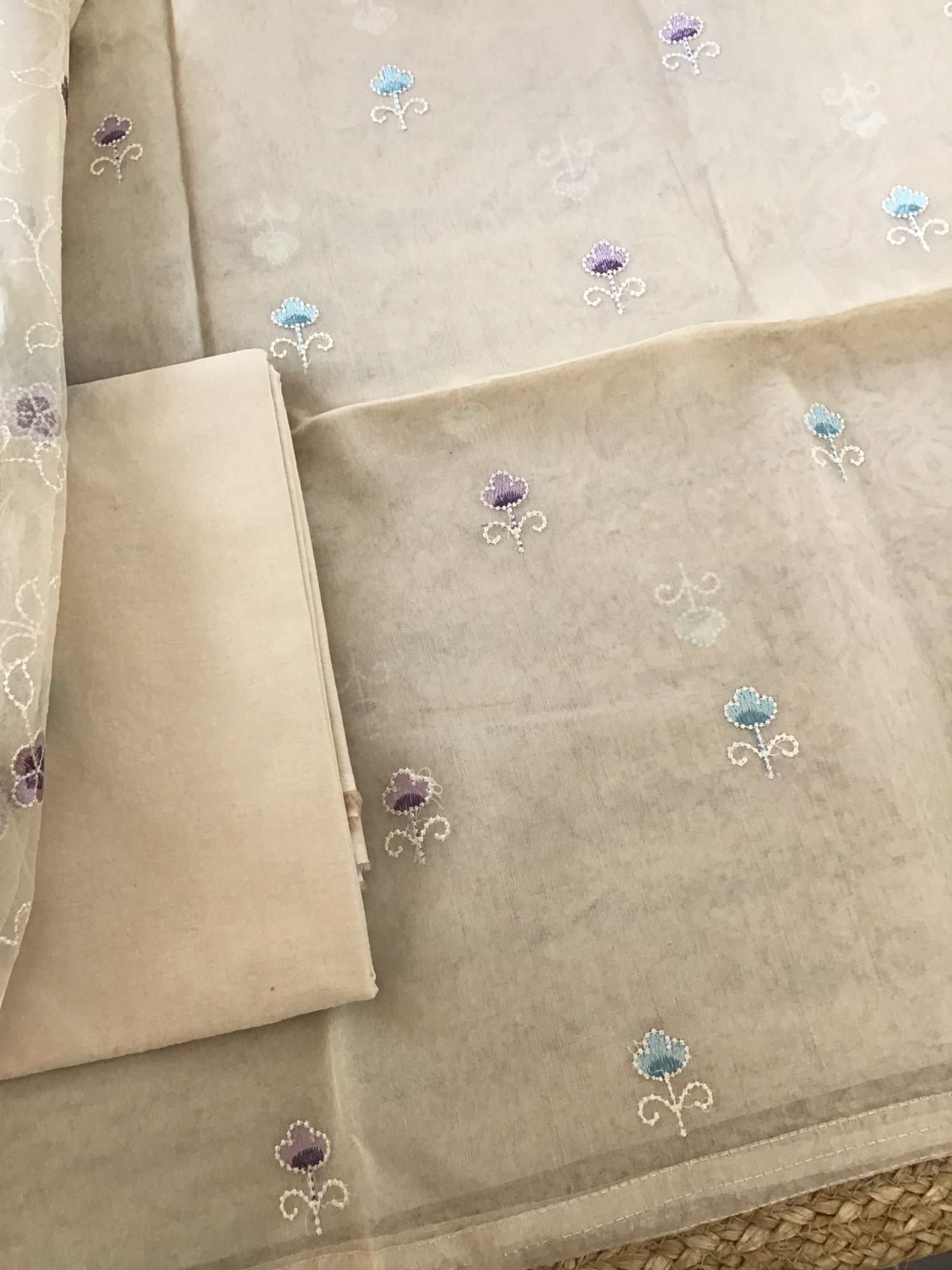 Soft Organza Embroidered Suit - Beige