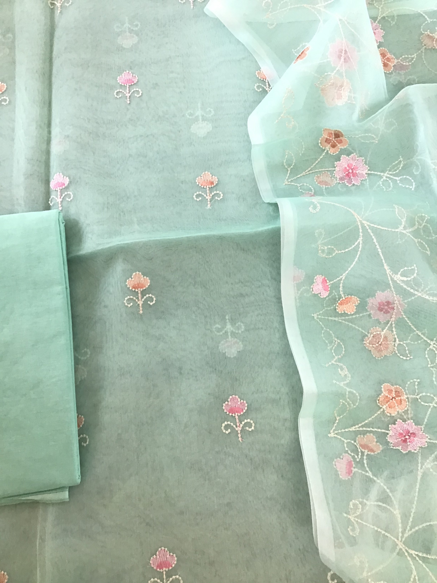 Soft Organza Embroidered Suit - Green