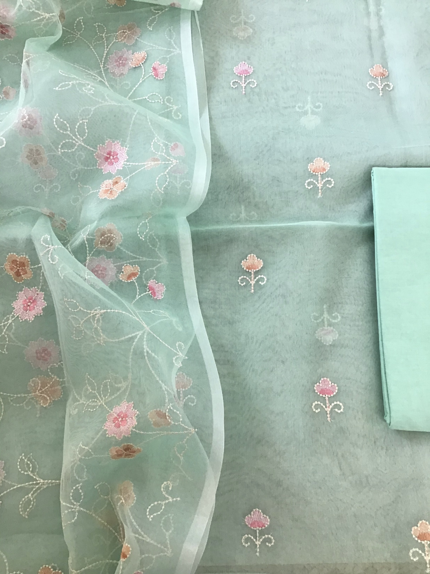 Soft Organza Embroidered Suit - Green